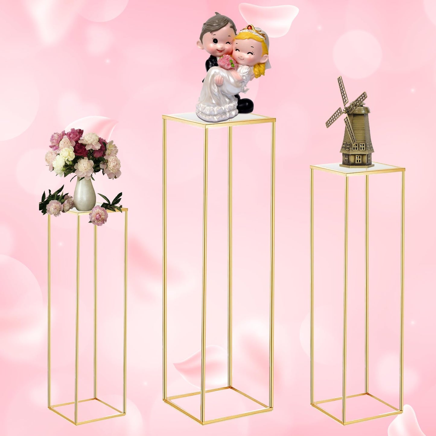 Kapaga 3pcs Gold Metal Plant Stand, Cylinder Pedestal Stands for Parties, Metal Plant Columns Pedestal Stands for Display, Square Cylinder Columns tables for Weddings Cake Stand Floor Plant Tables