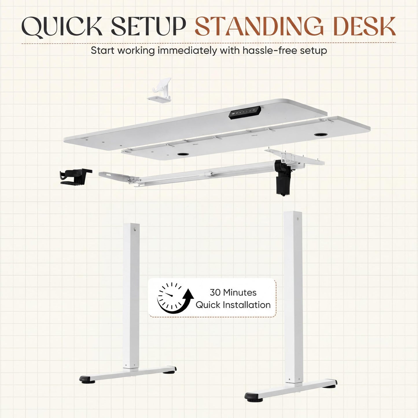 Furmax Electric Standing Desk, 45 x 24 Inches Height Adjustable Sit Stand up Desk, Memory Preset Computer Home Office Desks with Sturdy Metal Frame, Phone Stand Cable Management Hole (White, 45'')