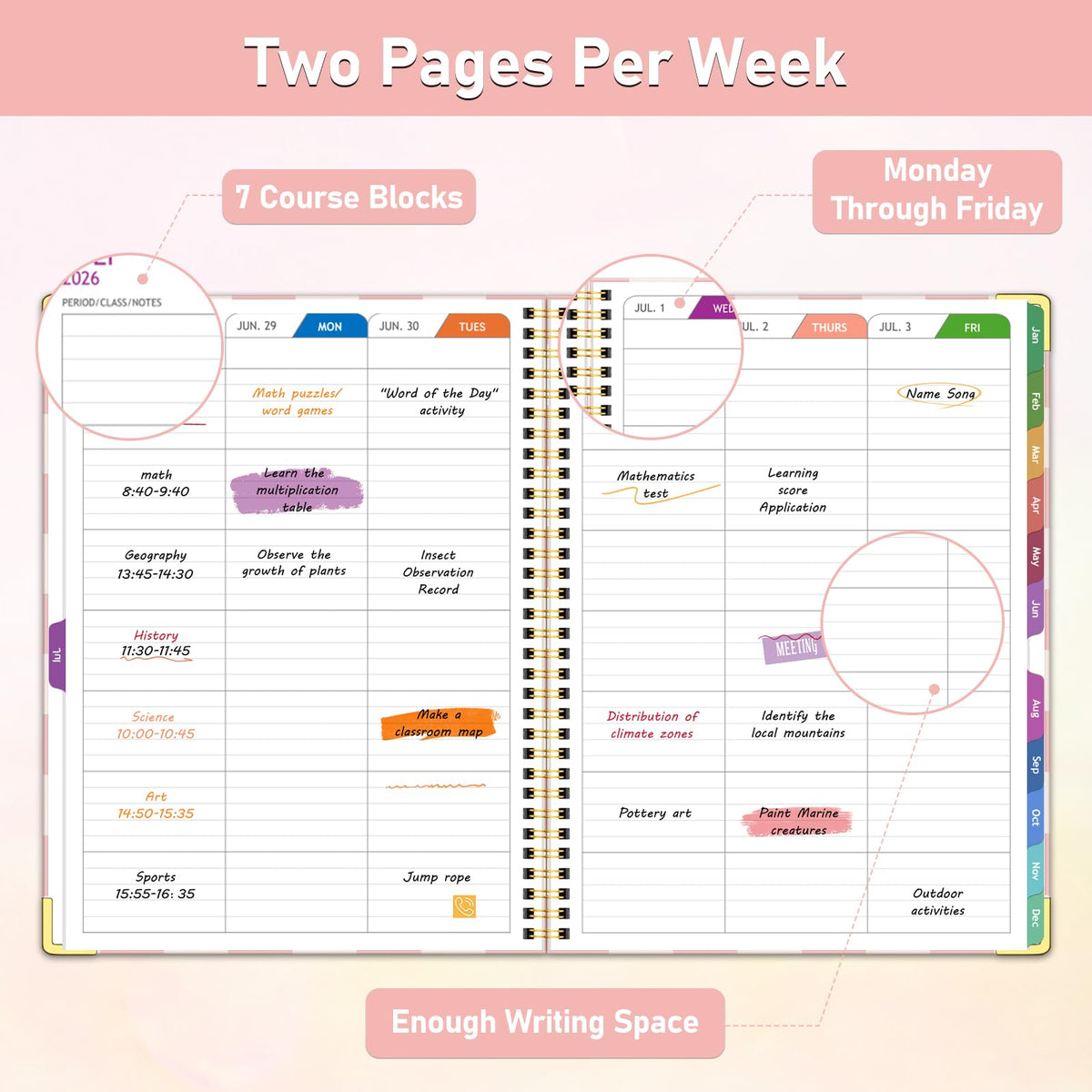 Teacher Planner 2026-2027, Jul 2026-Jun 2027 Academic Year, 8.5" x 11" Lesson Planner Book for Teacher Calendar, Spiral Bound Planners, Planning Stickers, Colorful Monthly Tabs, PinkCheckered