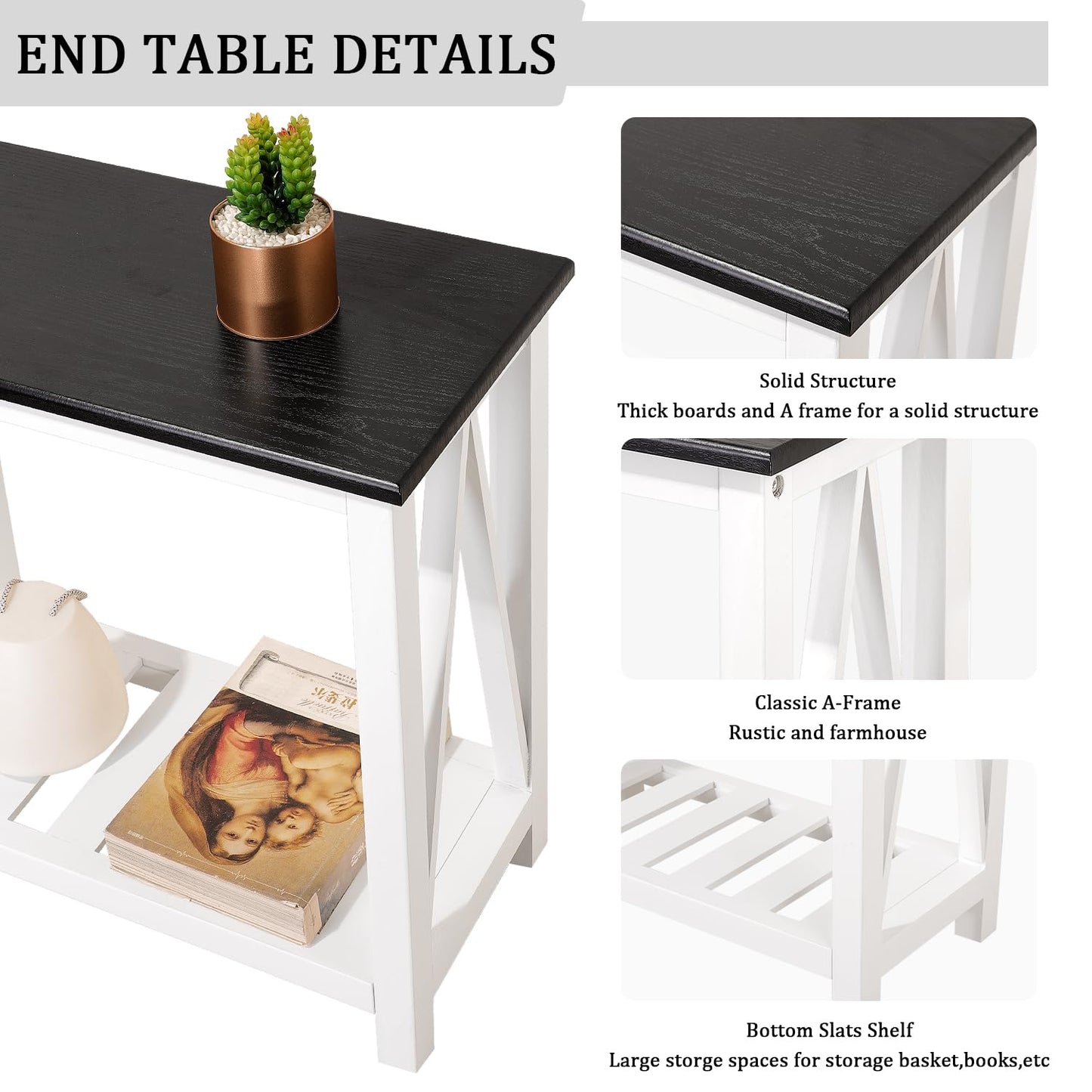 FEUFOAM Farmhouse End Side Table Wood Frame Narrow Side Table with Shelves Black White Rectangular Night Stand Sofa Table for Couch, Small Spaces, Living Room, Bedroom