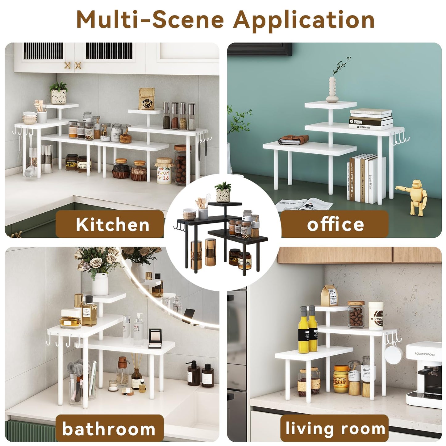 IBUYKE Countertop Organizer,3-Tier Spice Racks,Kitchen Counter Corner Shelf,4 Side Hooks,Adjustable Countertop Shelf for Kitchen, Bathroom, Coffee Bar, Cabinet, Desk,White,TLJ023W
