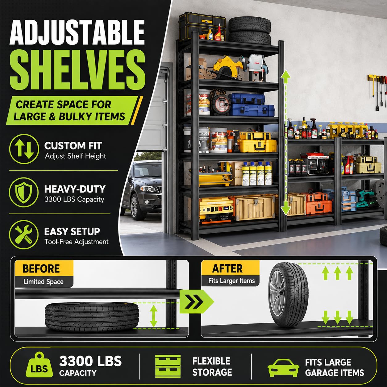 FlyDzrewt Garage Shelving,5 Tier Heavy Duty Shelving,72" H Metal Shelf