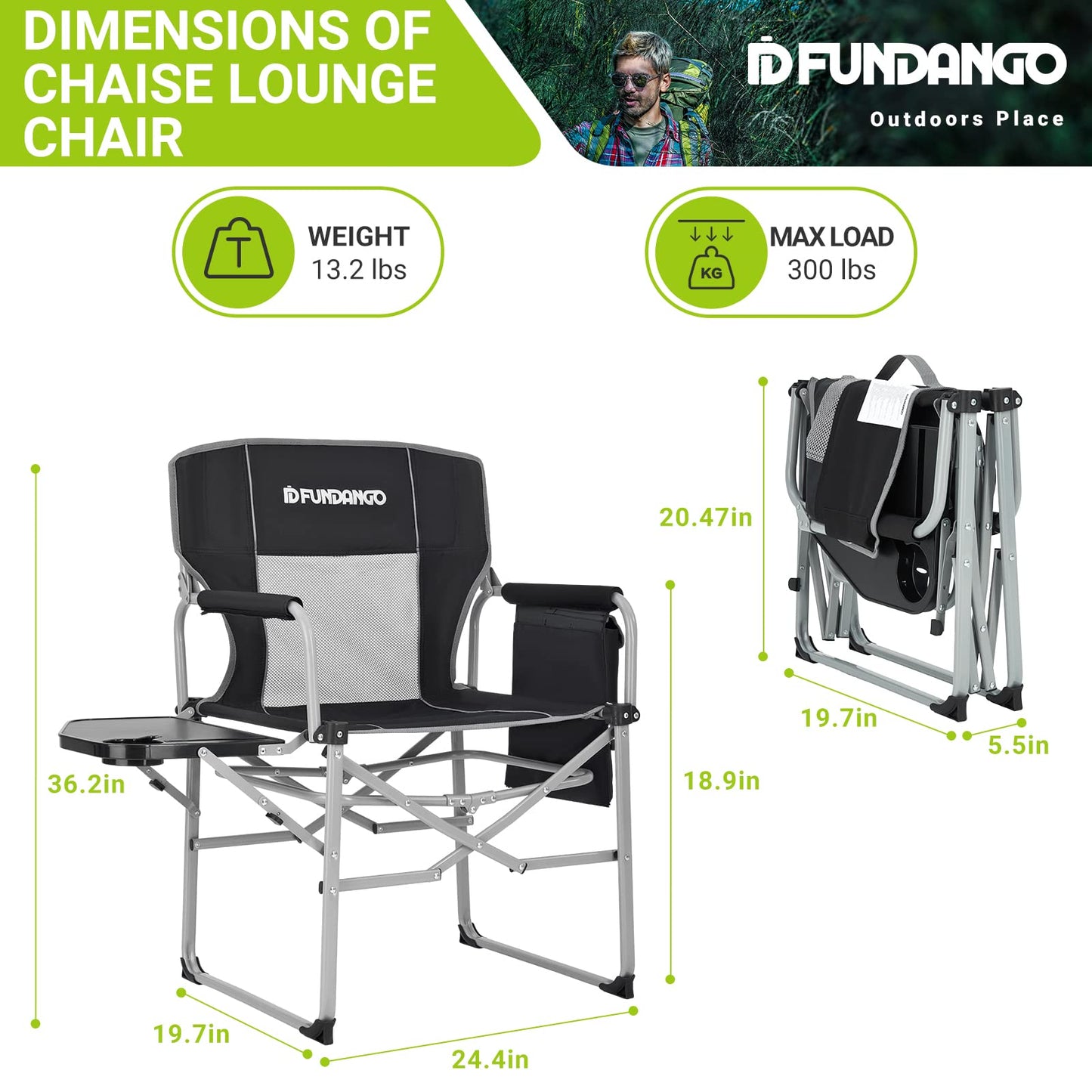FUNDANGO Camping Chair with Side Table (2 Pack), Folding Lawn Director Chair with Side Bags, Portable Chair for Beach Fishing Picnic Lawn Outdoor
