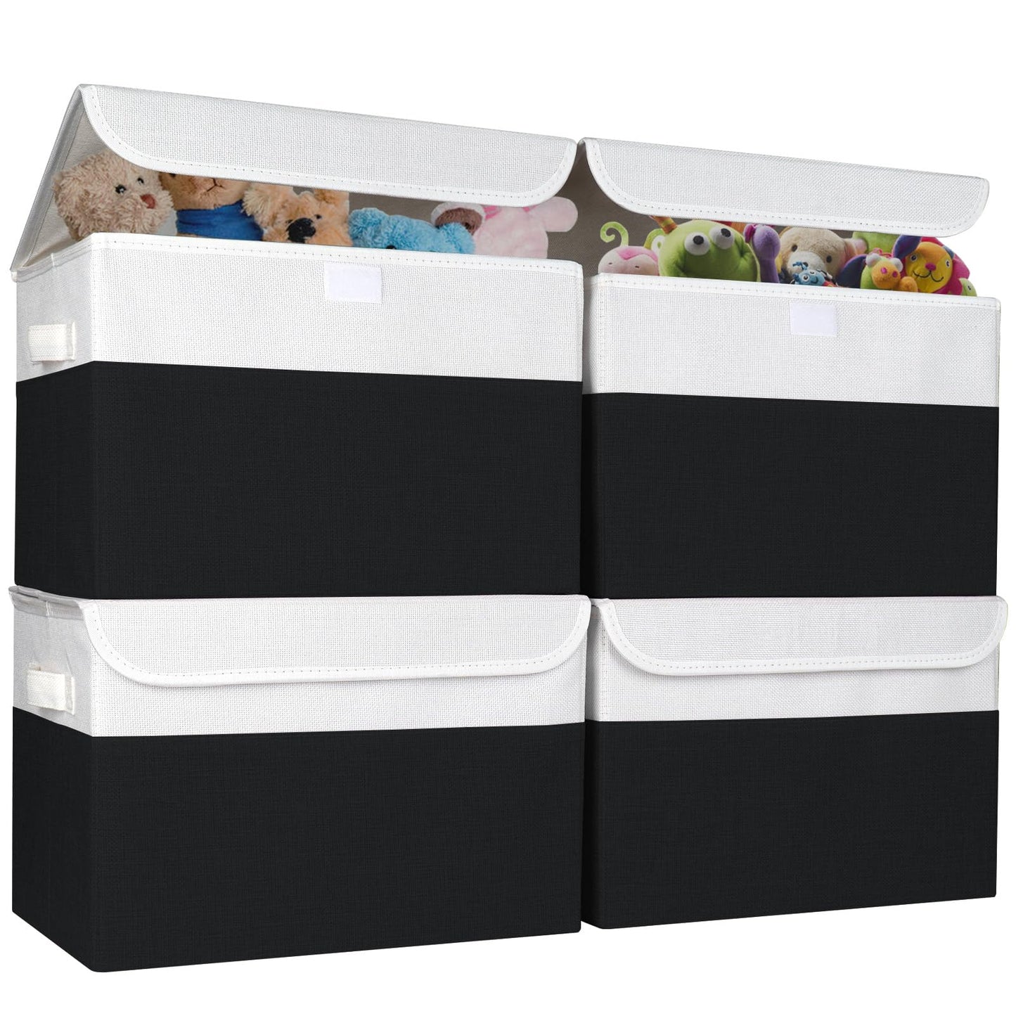 Bagnizer Large 22 Quart Linen Fabric Foldable Storage Bin Cube Organizer Basket with Flip-Top Lid & Handles, Clothes Blanket Box for Home, Office, Closet, Black & White, 4 Pack 14.6 x 9.5 x 9.5