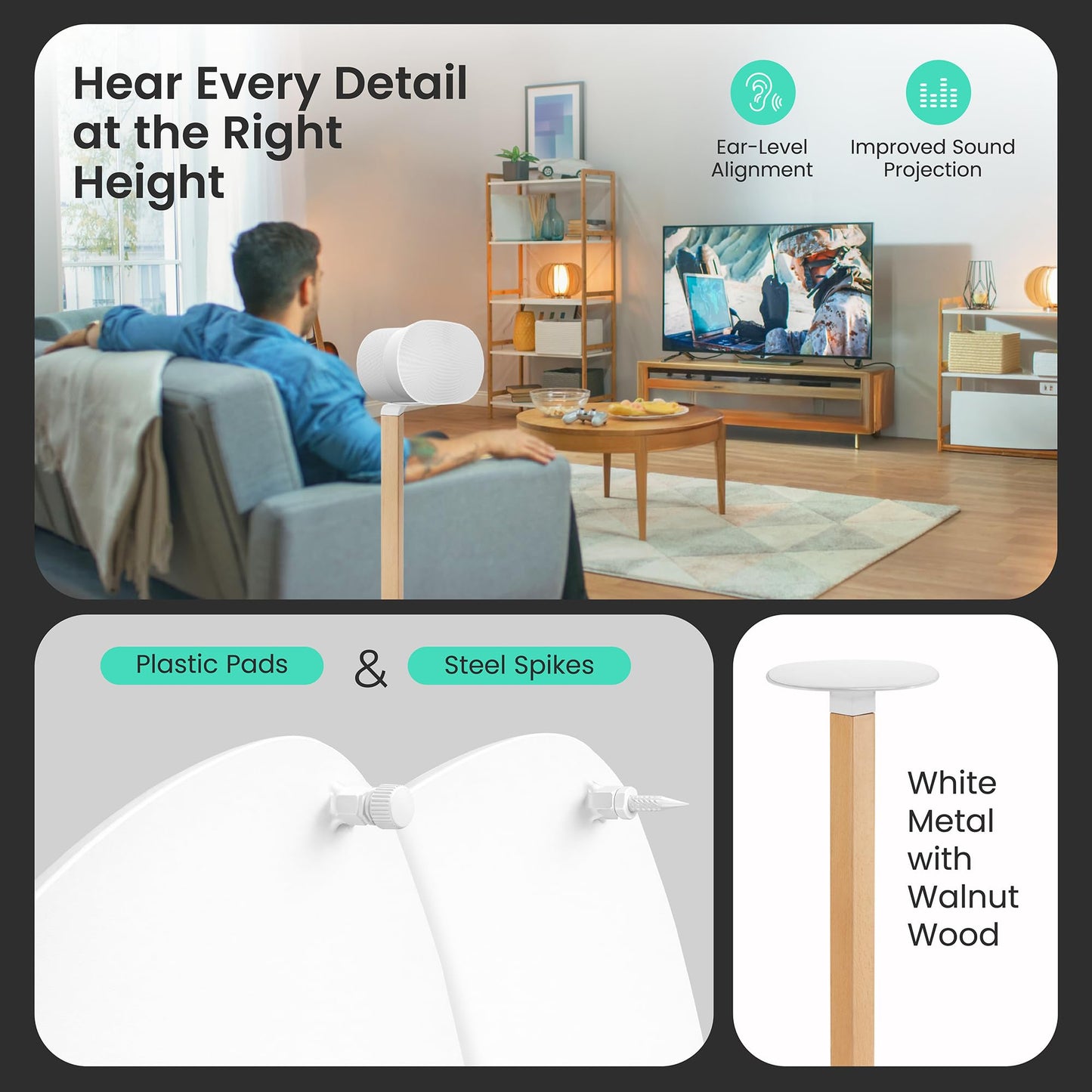 ynVISION.DESIGN Universal Wood & Metal Speaker Stands Pair – 30.75" Floor Standing for Bookshelf & Compact Speakers | 22 lb Capacity | Cable Management (White and Beech, Universal Speaker Stand)