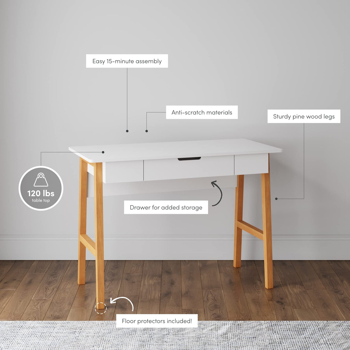 Nathan James 51101 Telos Home Office Computer Desk with Drawer, 42" White/Brown