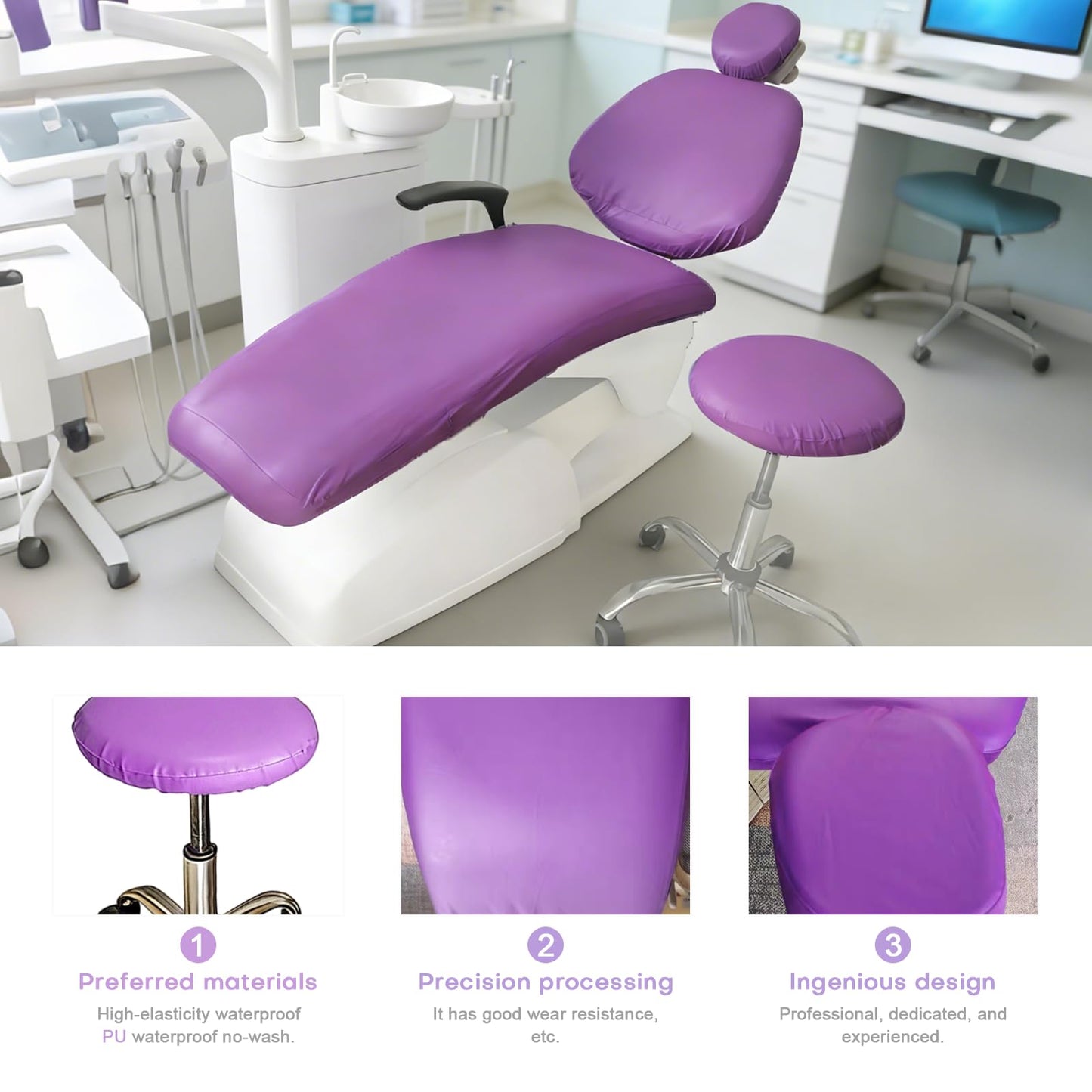 buyzg 5Pcs Dental Chair Covers Set - Waterproof & Non-Slip PU Leather Elastic Full Covers with Foot, Seat, Headrest & Backrest Protectors for Dental Clinic Chairs(Purple)