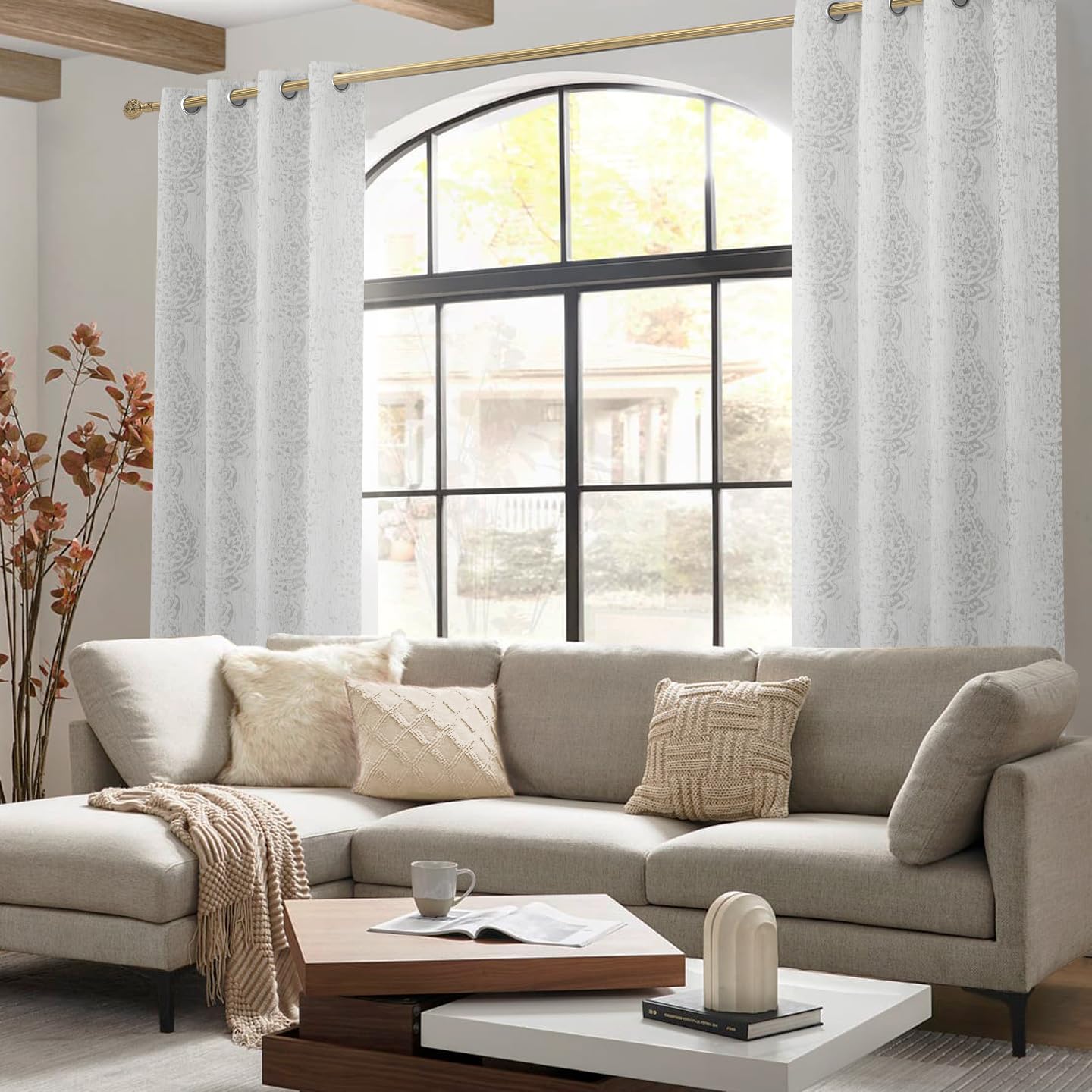 Mrs.Naturall Greige Curtains for Bedroom 45 Inch Length, Off White 50% Blackout Black Out Grommet Boho Damask Window Treatments Curtain Drapes, Cream