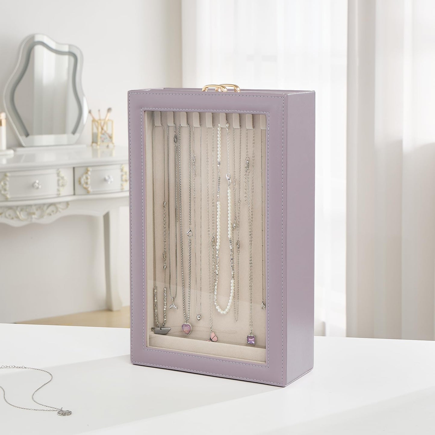 Lolalet Necklace Organizer Box, Jewelry Storage Box with Clear Window for Necklaces Bracelets, Tangle-Free Necklace Display Case for Women Girls, Dusty Purple, 2 Layers 20 Hooks