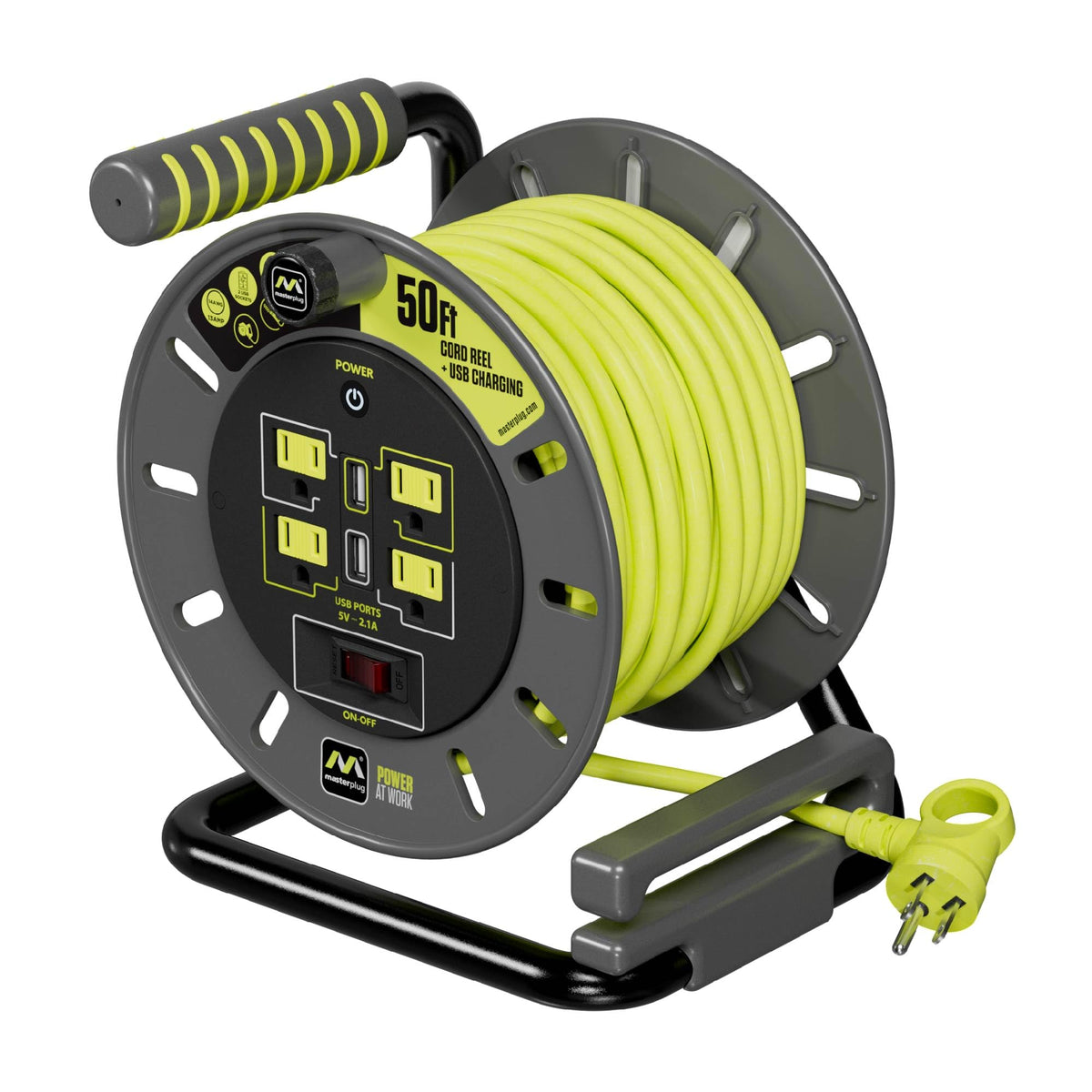 Masterplug 50ft Cord Reel, Retractable Extension Lead with Winding Handle, Safety Overload Circuit Breaker and Power Switch, 4X Grounded Outlets, 2X USB Ports, 13amps, 14AWG Cable