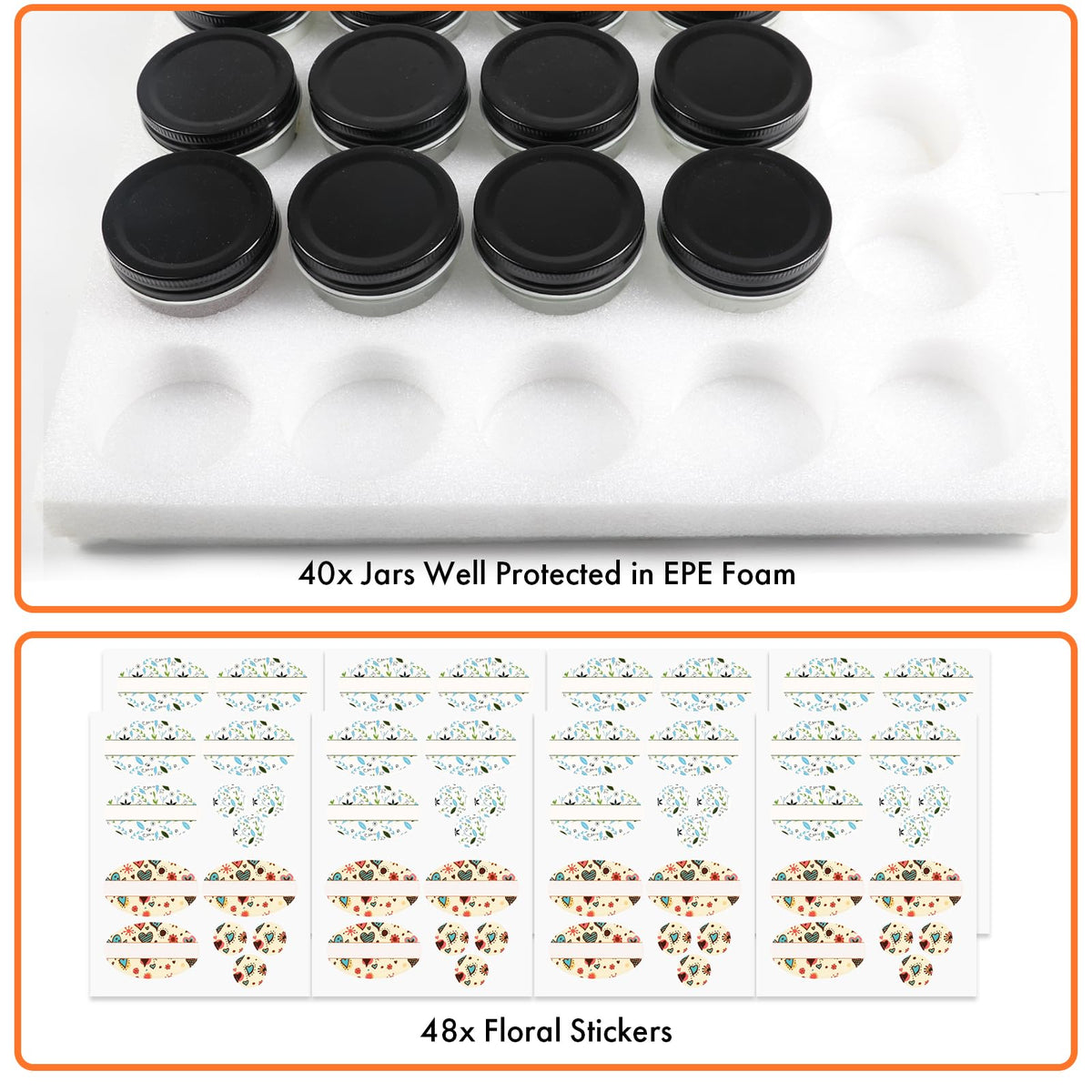 Jaisie.W 4 oz Mini Glass Jars 40Pack - Small Mason Jars with Lids & Stickers for Food Storage, Candle Making, Pantry Organizers - Black Lids