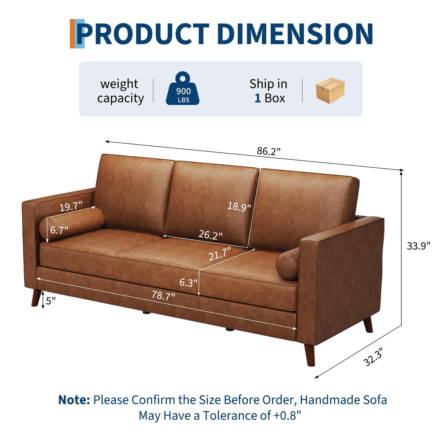 GAOMON 81" Leather Couch for Living Room, Mid Century Modern 3-Seater Sofa with Deep Seat, Faux Leather Sofa for Apartment, Home Office, Brown