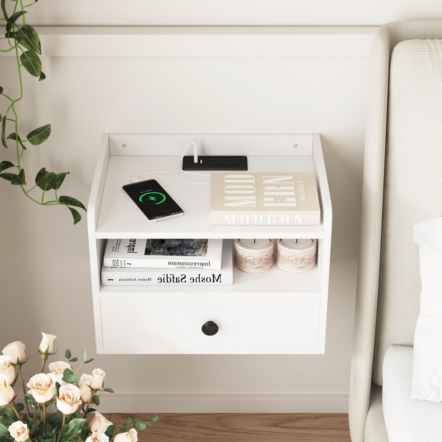 Floating Nightstand Set of 2 Modern Night Stands with Drawer and Open Shelf Cubby Small Bedside End Table with Charging Station Wall Mounted Nightstands Set 2 for Bedroom White