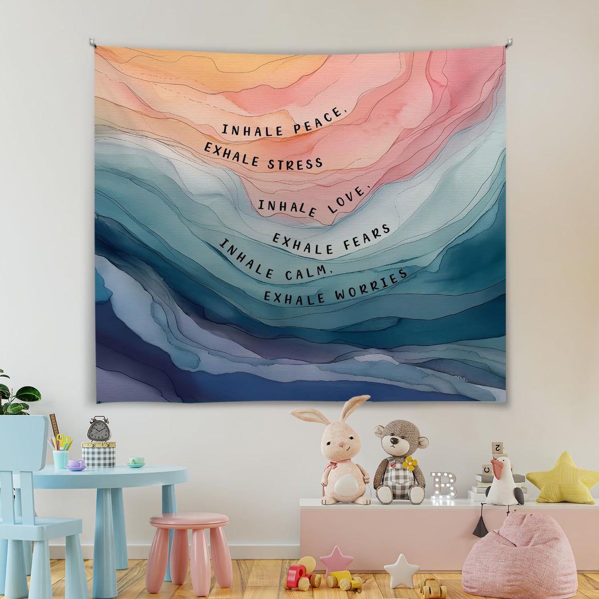 Forola Inhale Exhale Tapestry, Mental Health Wall Hanging Decor, Inhale Exhale Psychology and Mindfulness Tapestry Backdrop for Bedroom, Home School, Dorm, Yoga Studio and Therapy Office (Blue-Peace)