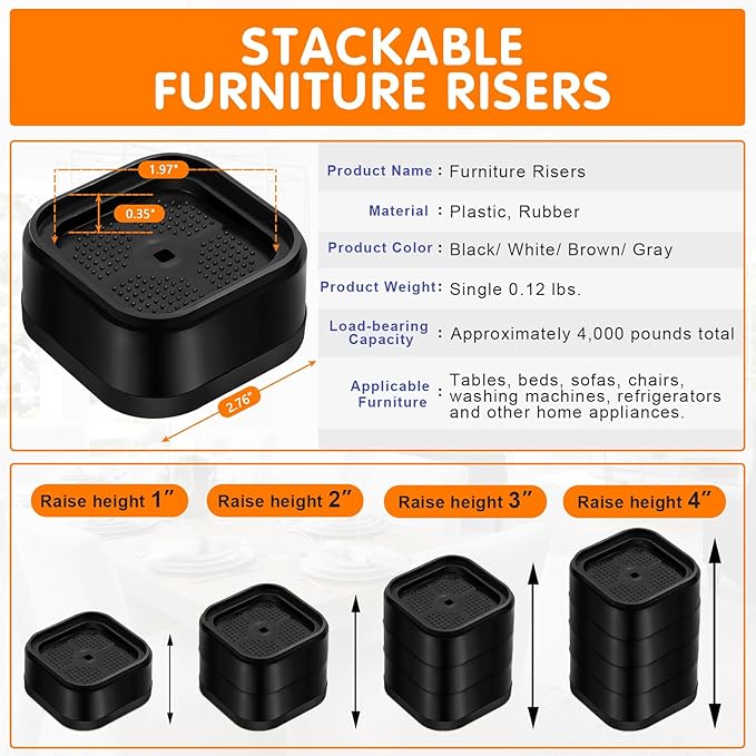 shouwuhho 4 Pack Furniture Risers Adjustable Bed Risers Heavy Duty Lifts Height