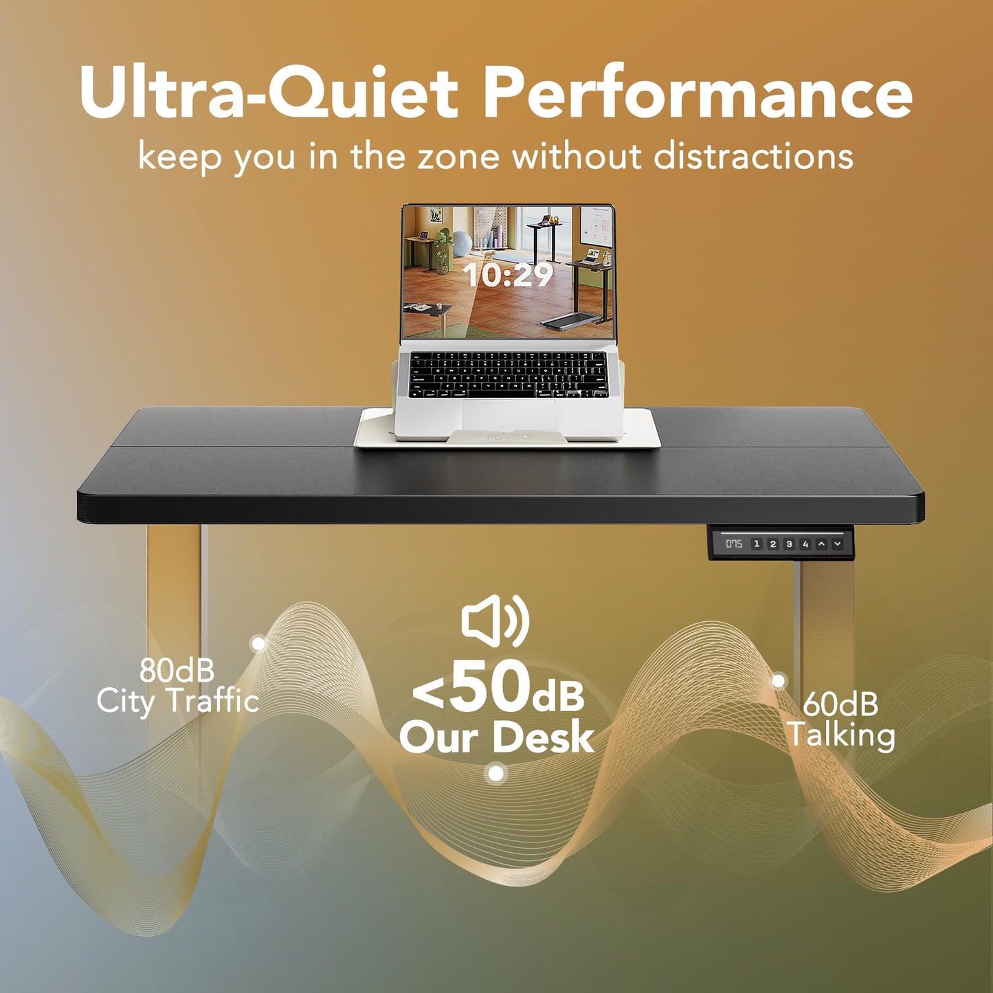 HUANUO 32" Small Electric Standing Desk Adjustable Height, 4 Memory Height Settings, Sit Stand Up Desk for Home Office & Computer Workstation, Black and Gold Frame