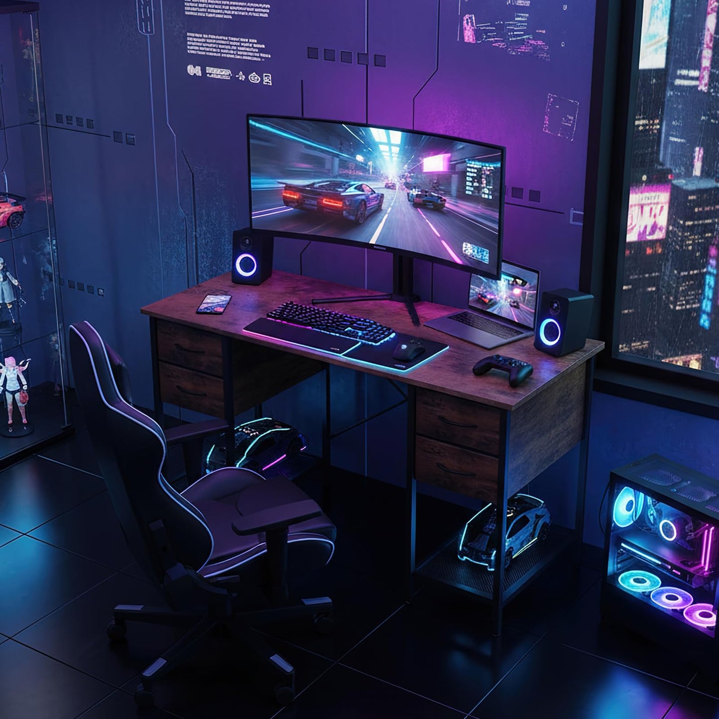 Sweetcrispy Computer Desk with Drawers 55 Inch Home Office Bedroom Table 4 Fabric Drawers 2 Mesh Storage Shelves Wood X-Shaped Writing Study PC Desk Workspace Side Hook Metal Frame Organizer Brown