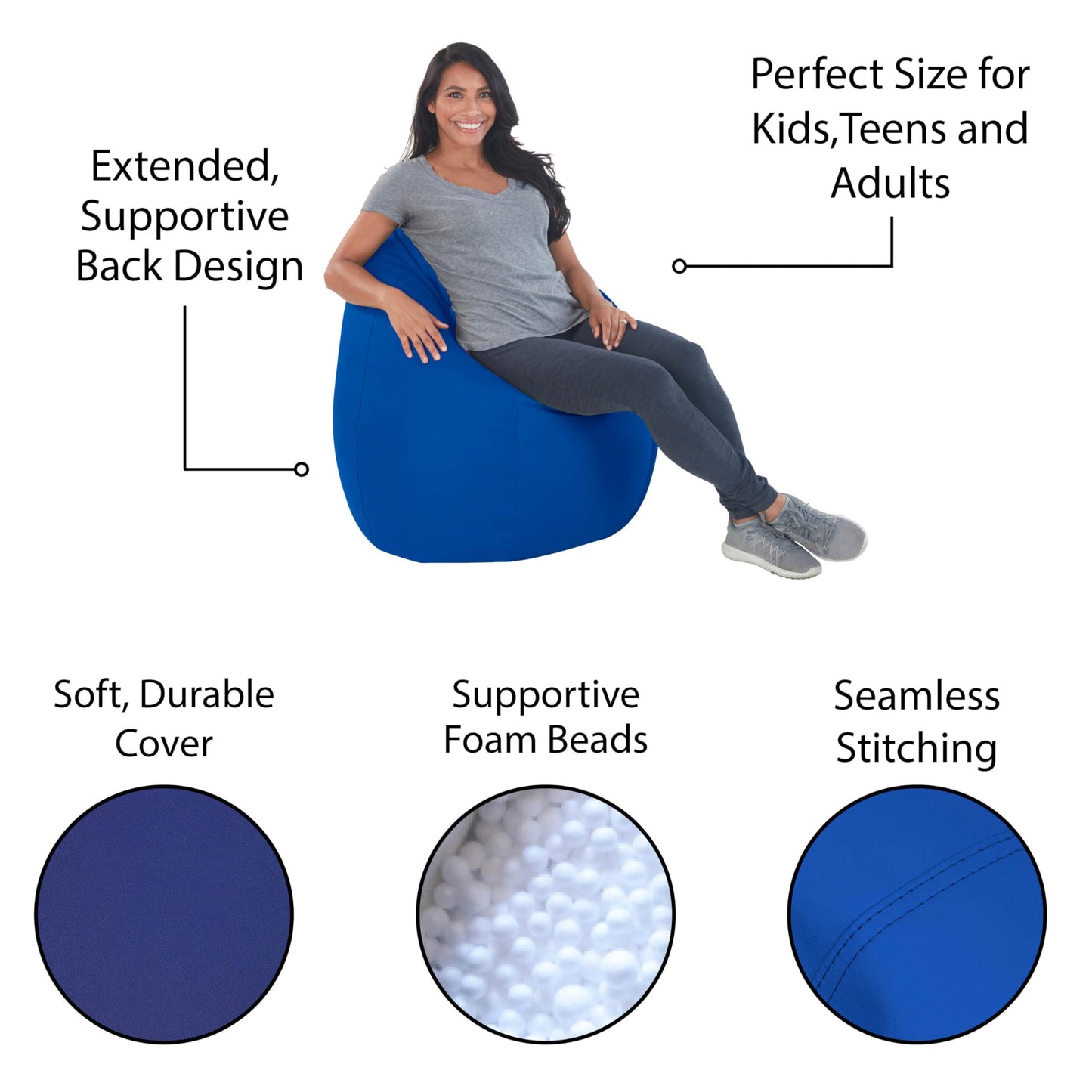 FDP SoftScape Dew Drop Bean Bag Chair with Supportive High-Back Design, For Kids, Teens and Adults, Alternative Seating for Dorms, Schools, Libraries, Daycares or Home - Blue
