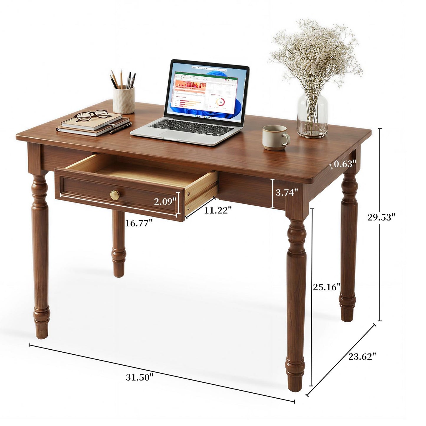 TYHRZNJJ 31" Solid Wood Writing Desk with Drawers – French Country Computer Desk for Home Office, Bedroom, Living Room, or Study(Walnut,31 x 24 x 30 in)