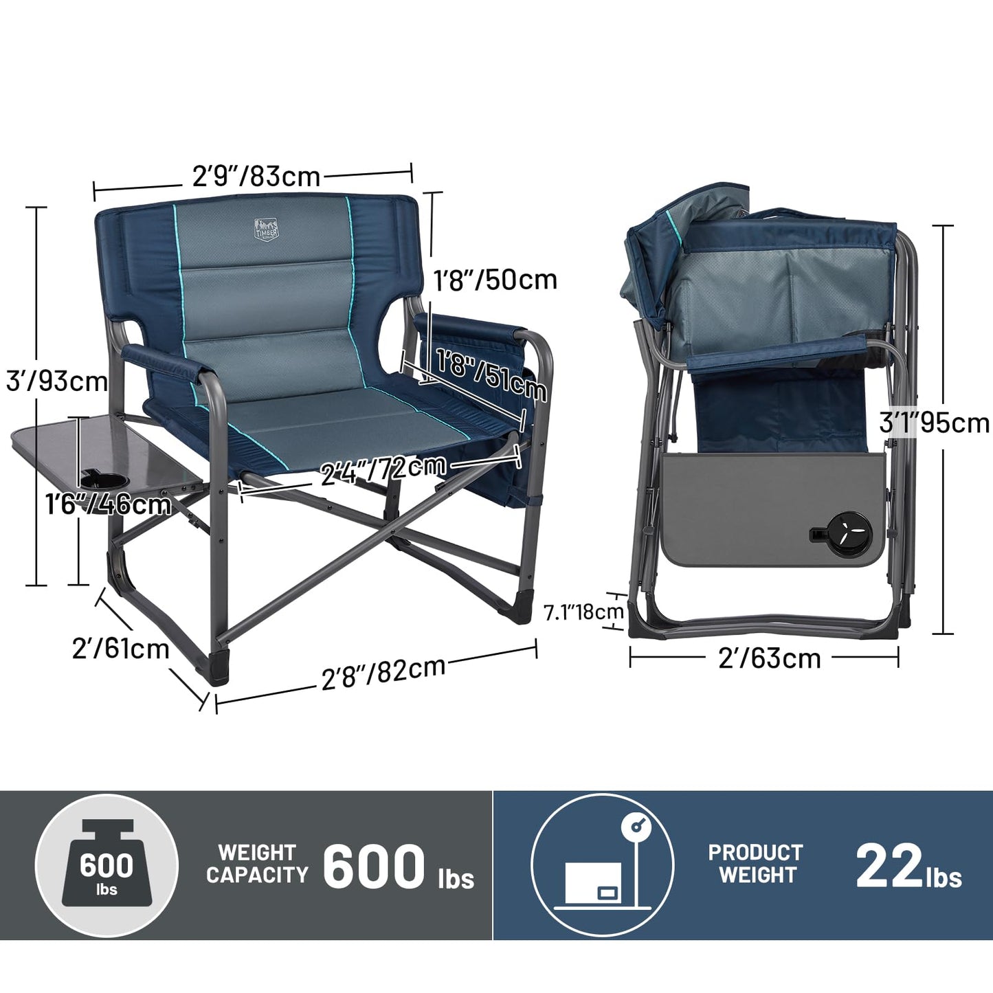 Timber Ridge XXL Upgraded Oversized Directors Chairs with Foldable Side Table, Detachable Side Pocket, Heavy Duty Folding Camping Chair up to 600 Lbs Weight Capacity (Blue) Ideal Gift