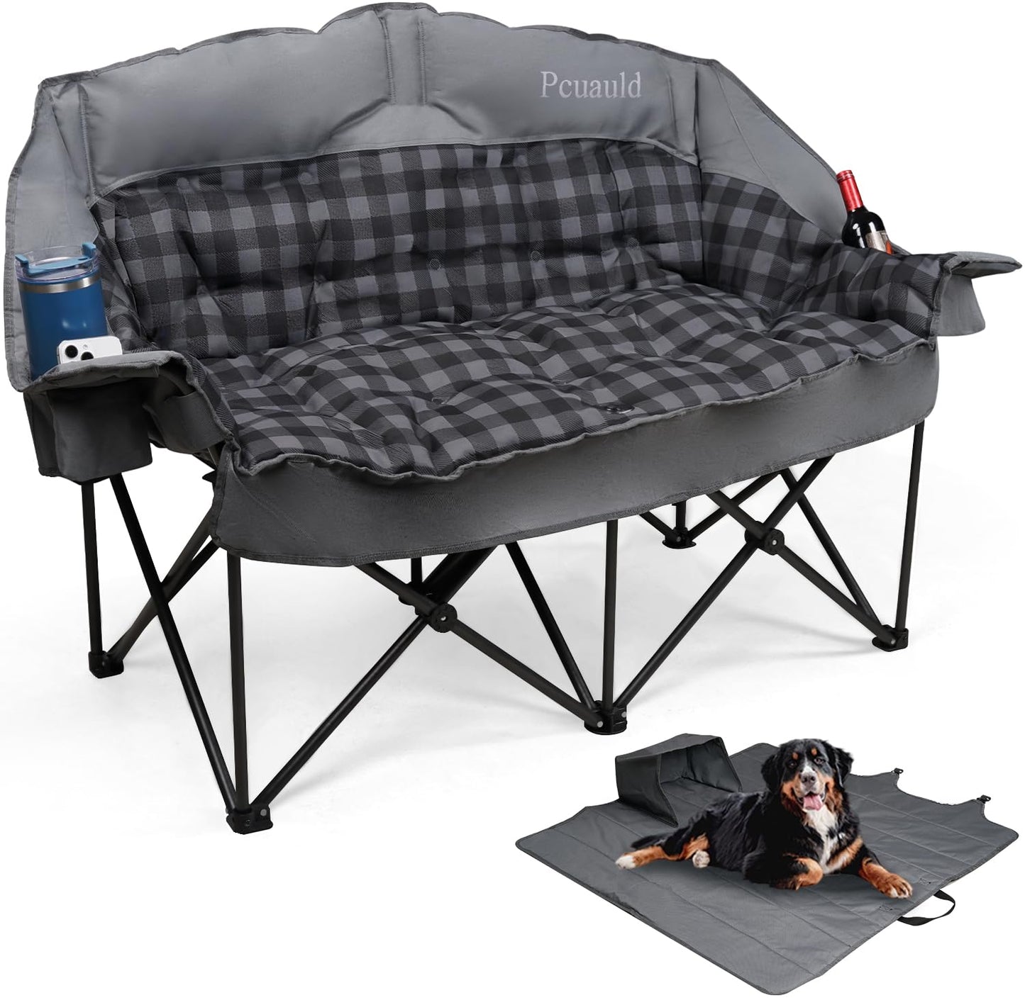 Pcuauld Double Camping Chair Padded Loveseat for Adults, Oversized 2 Person Camp Couch with 2 in 1 Carry Bag, Heavy Duty Folding Outdoor Sofa with Cup Holders for Lawn Beach Tailgating, Green