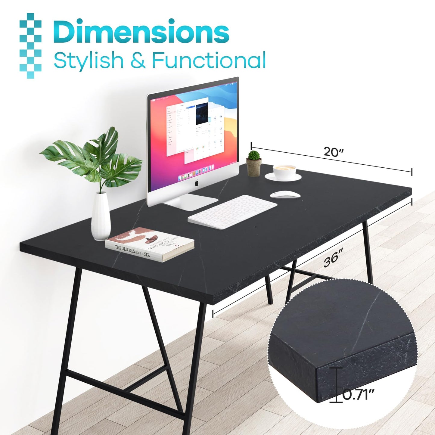 Kaboon Universal Tabletop 36 x20, Solid One-Piece Melamine Table Top, Double L-Desk Floating Desk DIY, Home and Office,Cloud Atlas/Black Marble