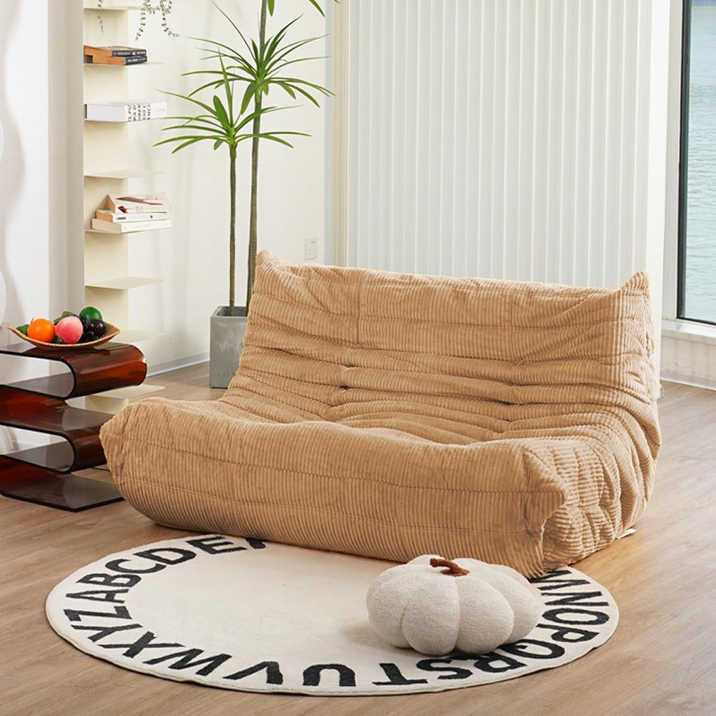 N&V Fireside Loveseat, Mid Century Armless Twin Size Floor Sofa, Soft Premium Corduroy Floor Lounge Chair, Foam Sofa Accent Chair for Living Room Bedroom and Office (Beige)