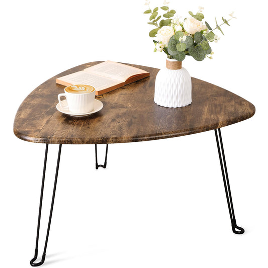 FEUFOAM Folding Coffee Table Triangle Designs Oval Coffee Tables Mid Century Wooden Triangular Accent Table with Metal Legs Foldable Industrial Sofa Center Table for Living Room Space Saving