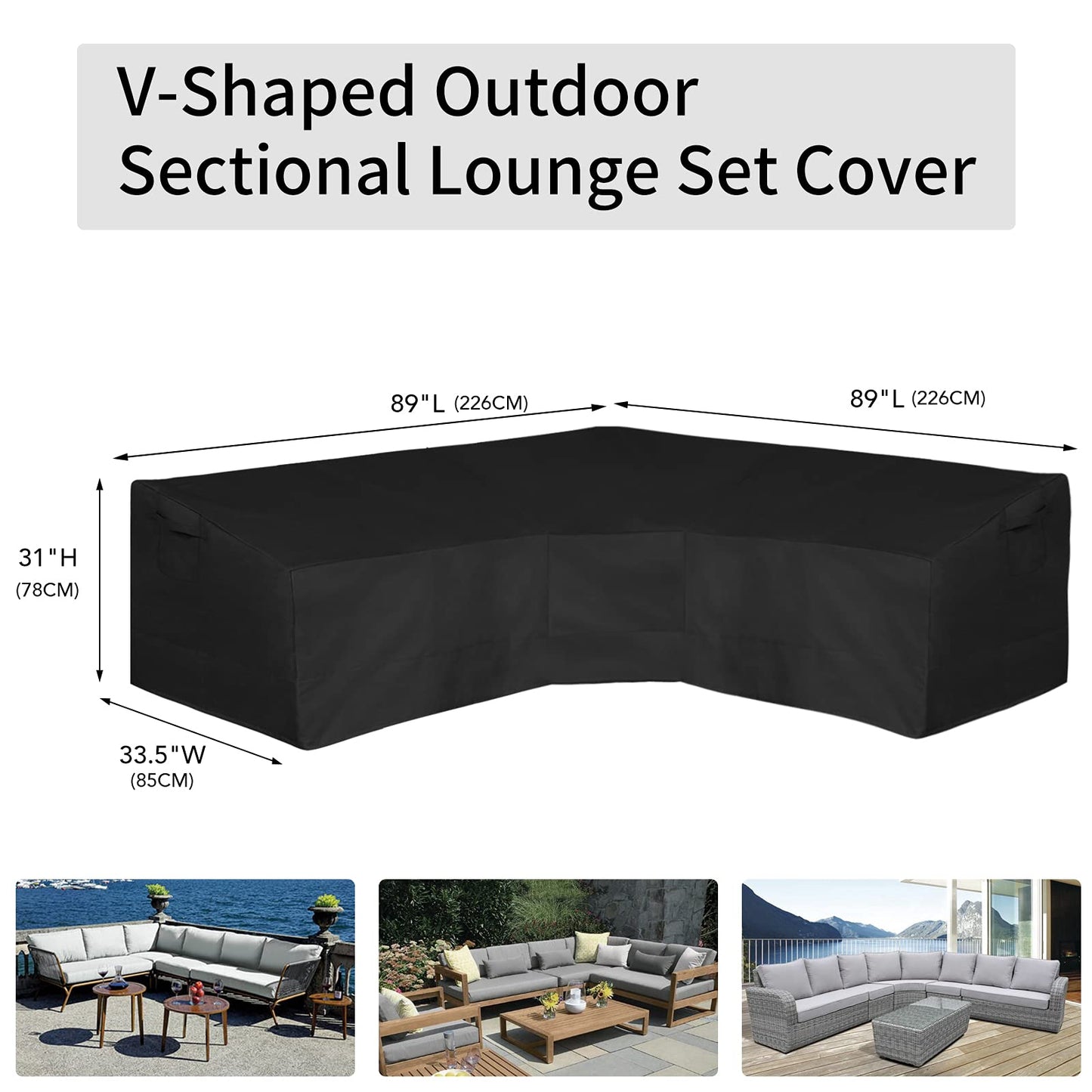 Easy-Going 600D Patio V-Shaped Sectional Sofa Cover, Waterproof Outdoor Sectional Cover, Heavy Duty Garden Furniture Cover with Air Vent 89" L (on Each Side) x 33.5" D x 31" H, Black