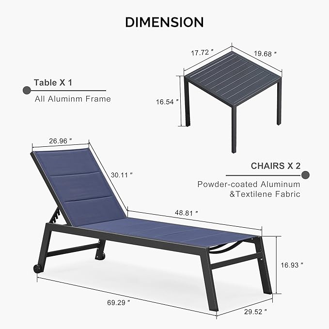 PURPLE LEAF Extra Large Outdoor Chaise Lounge 4 Pieces Aluminum Patio Lounge