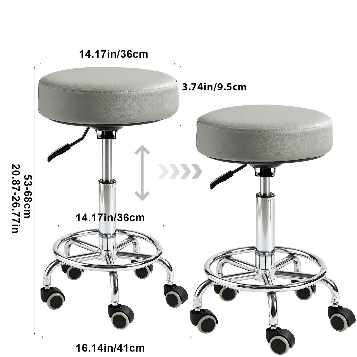 Rolling Stool with Wheels, Comfort Cushion Professional Swivel Drafting Stool, Height Adjustable Heavy Duty 500 lb Stool with Silent Casters and Foot Ring for Salon Tattoo Clinic Home Office, Grey