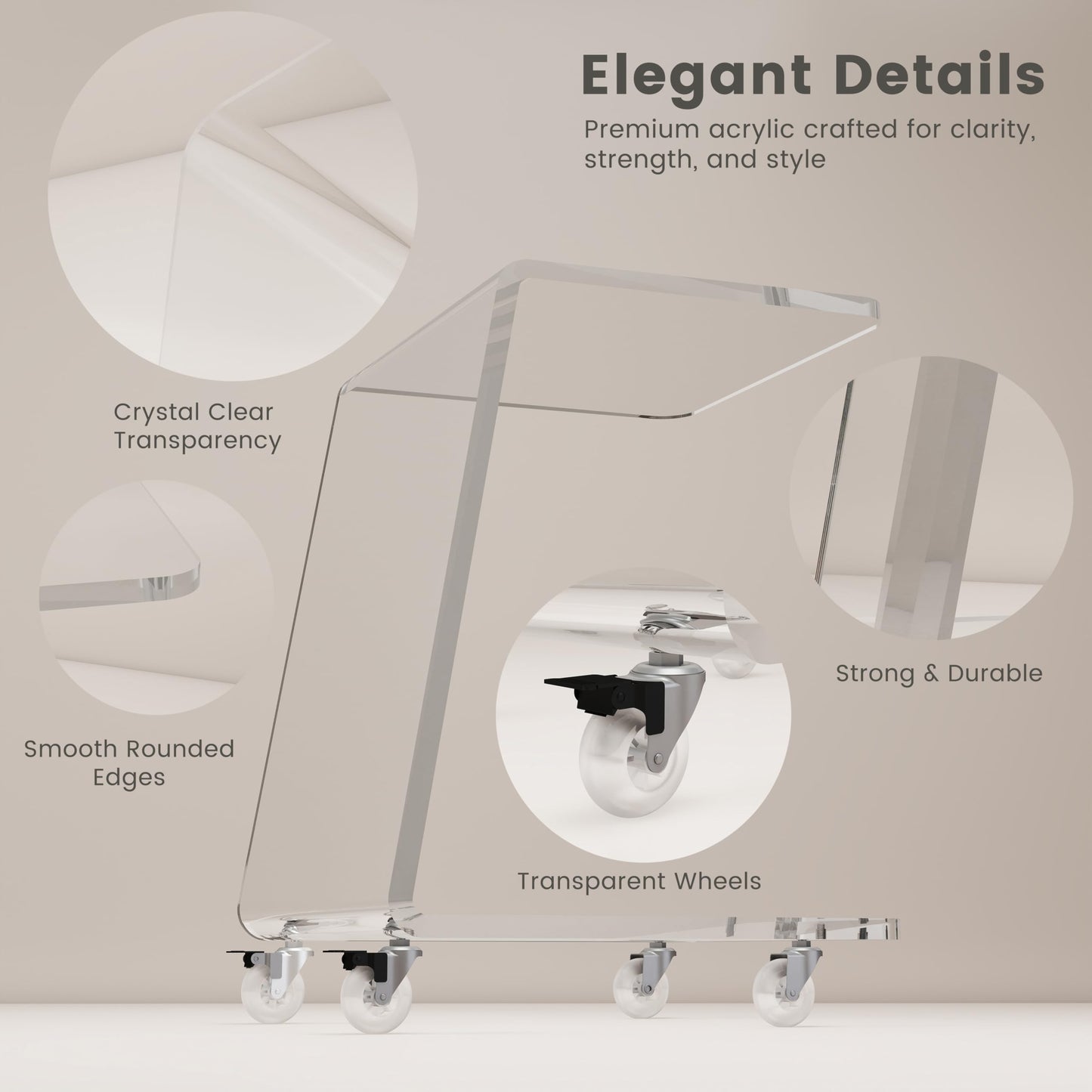 Modern Acrylic Side Tables Set of 2, 15mm Thick Clear Lucite End Tables with Wheels for Living Room & Bedroom, Luxury C-Shaped Rolling Sofa Tables, Heavy Duty Contemporary Furniture