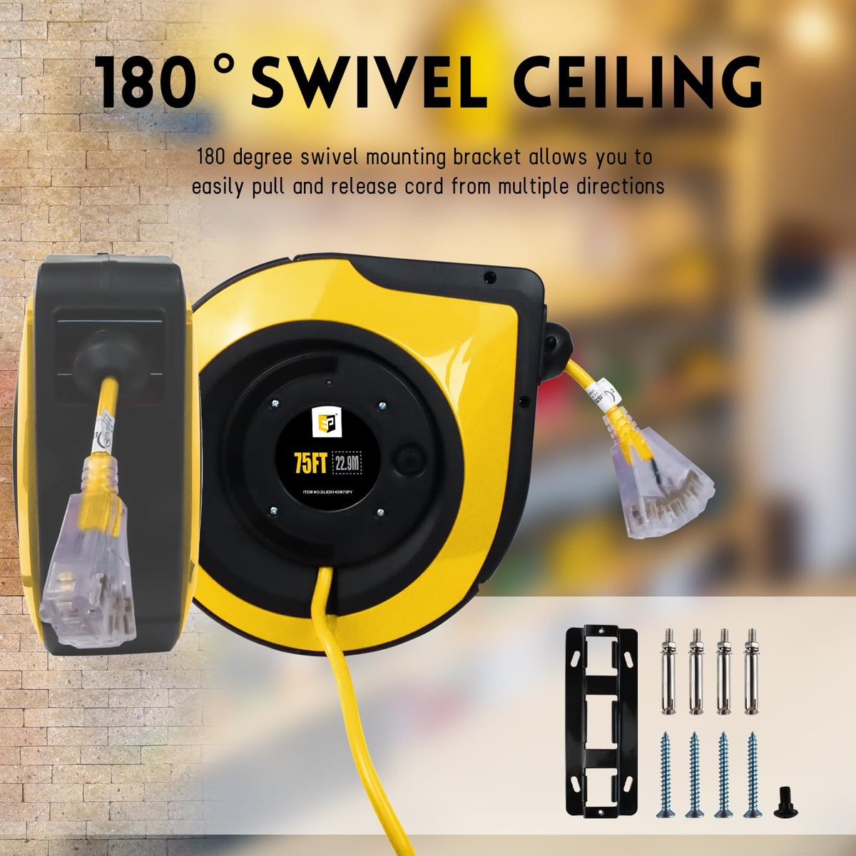 EP Retractable Extension Cord Reel,75 Feet 14 AWG/3C SJTOW Heavy Duty Power Cord,10 AMP Circuit Breaker, 3-Lighted Triple Outlets,Ceiling or Wall Mount Use Indoor, Yellow