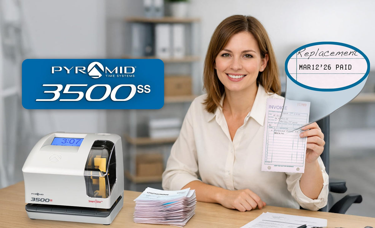Pyramid Time Systems 3500ss Employment Time Clock & Document Stamp, Unlimited Employees, 5-1/2"H x 6-1/2"W x 6-1/2"D, Gr
