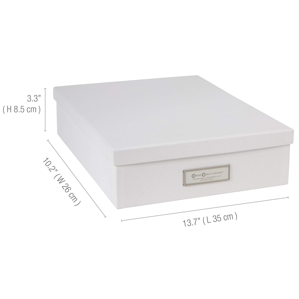 Bigso Oskar Fiberboard Label Frame Document Letter Box - File Organizer Box for Important Paperwork - Durable Document Storage with a Lid & Metal Label Window - 3.3 in x 10.2 in x 13.8 in - White