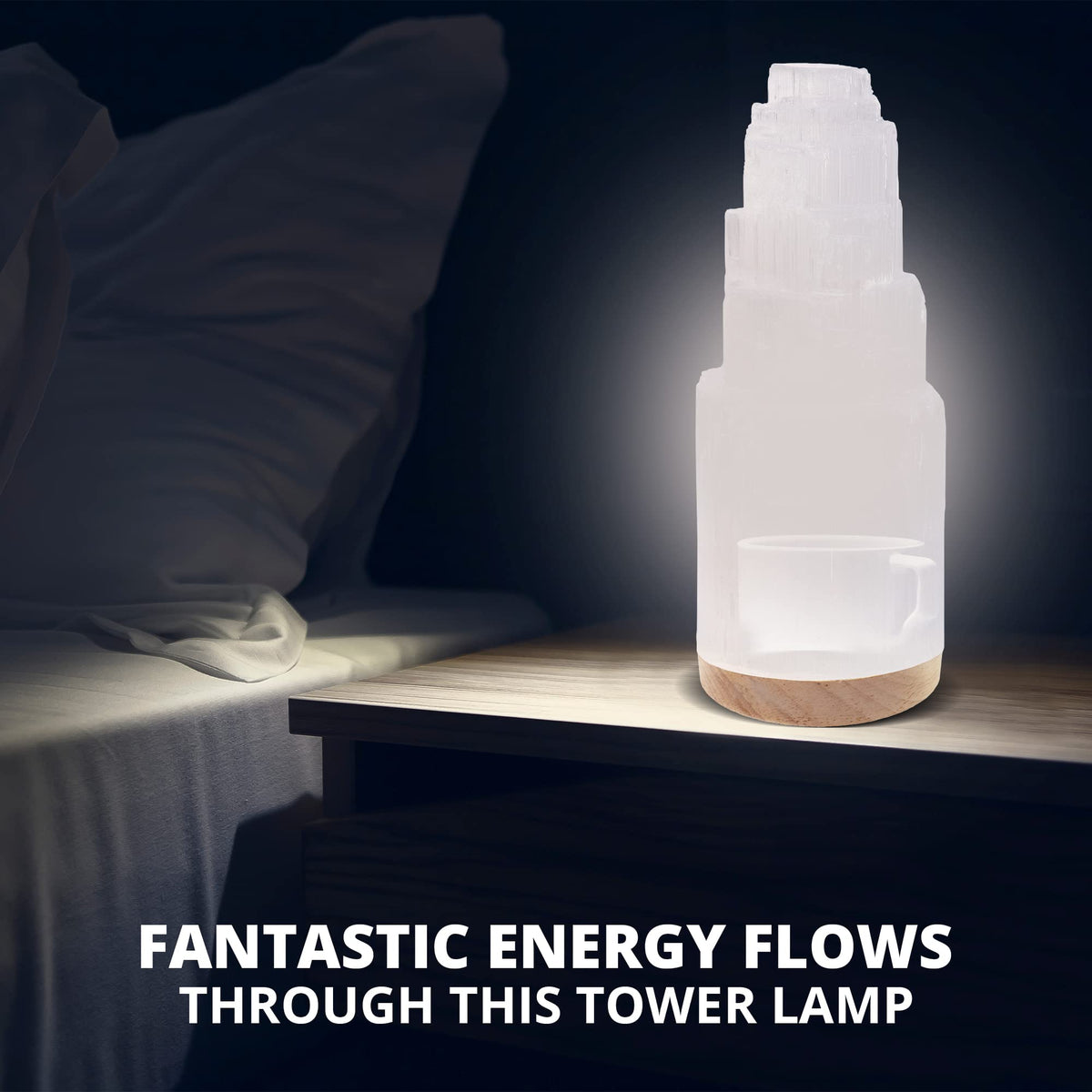 Salt 84 Selenite Crystal Lamp, 20 cm Tall, High Energy Skyscraper Lamp with Wooden Base & USB Charging Cable, ETL Certified, Hand Curved Selenite for Spiritual Protection and Therapy