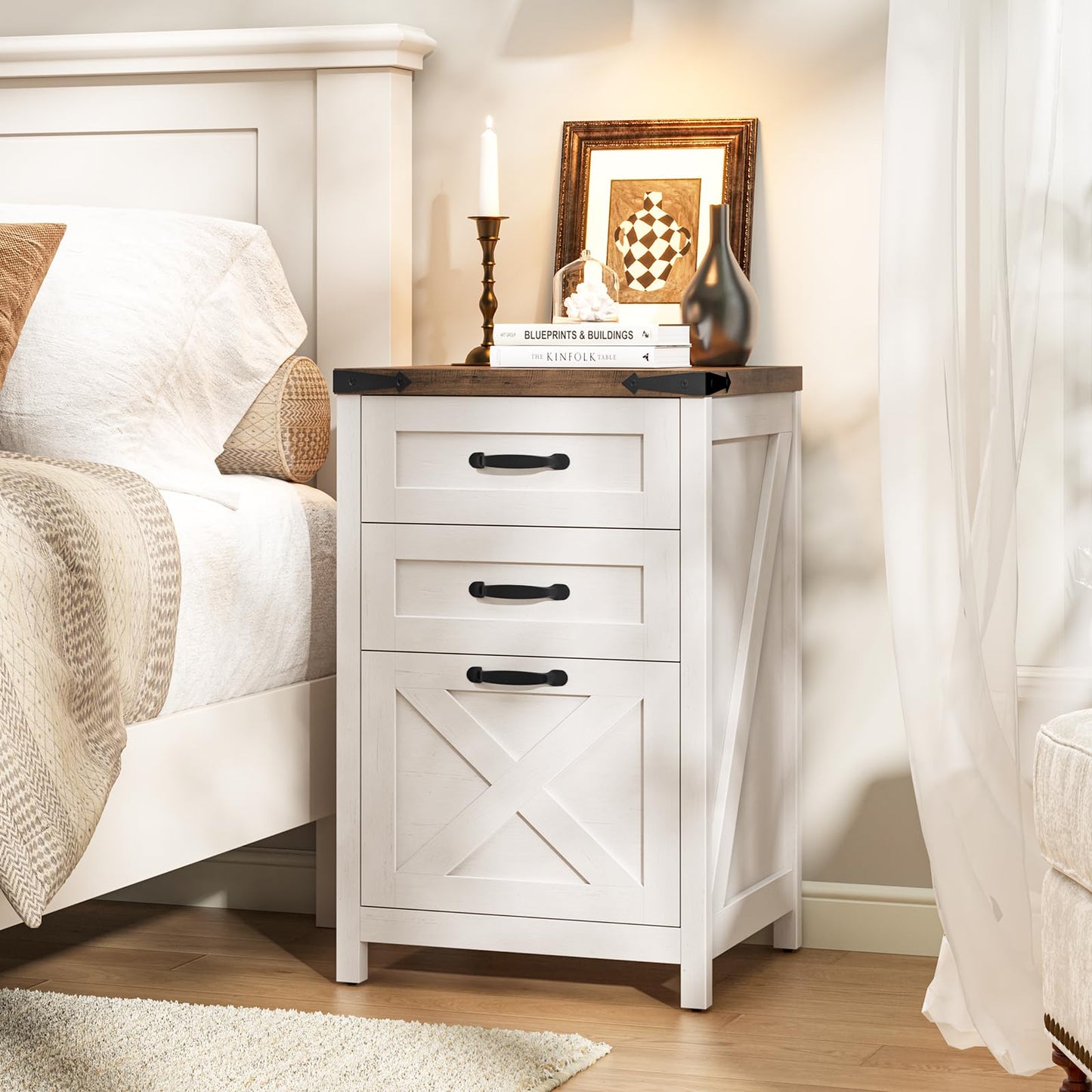 Halitaa 3 Drawer Small File Cabinet, Farmhouse Vertical Filing Cabinet Fits Letter and A4 Size, Under Desk Wooden File Cabinets for Home Office, Printer Stand, Rustic White