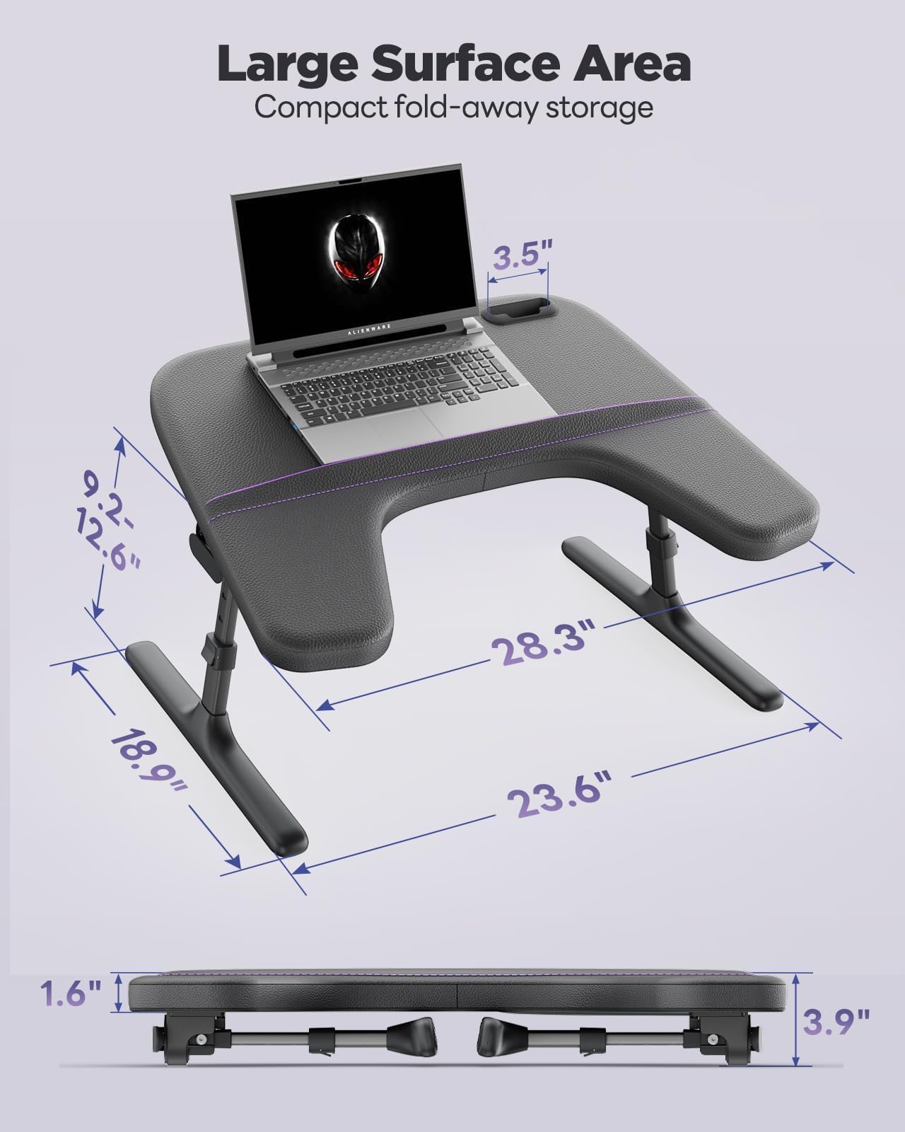 SAIJI Laptop Lap Desk for Bed & Couch, Adjustable Height & Angle Bed Desk with Soft Armrest for Adults, Ergo Curve Folding Bed Table for Working, Reading and Gaming, Laptop Desk for Bed (Black)