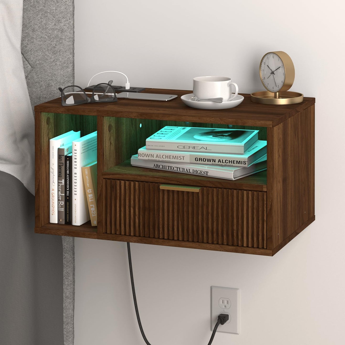 Veegle Floating Nightstand with Charging Station and LED Lights, Walnut Brown