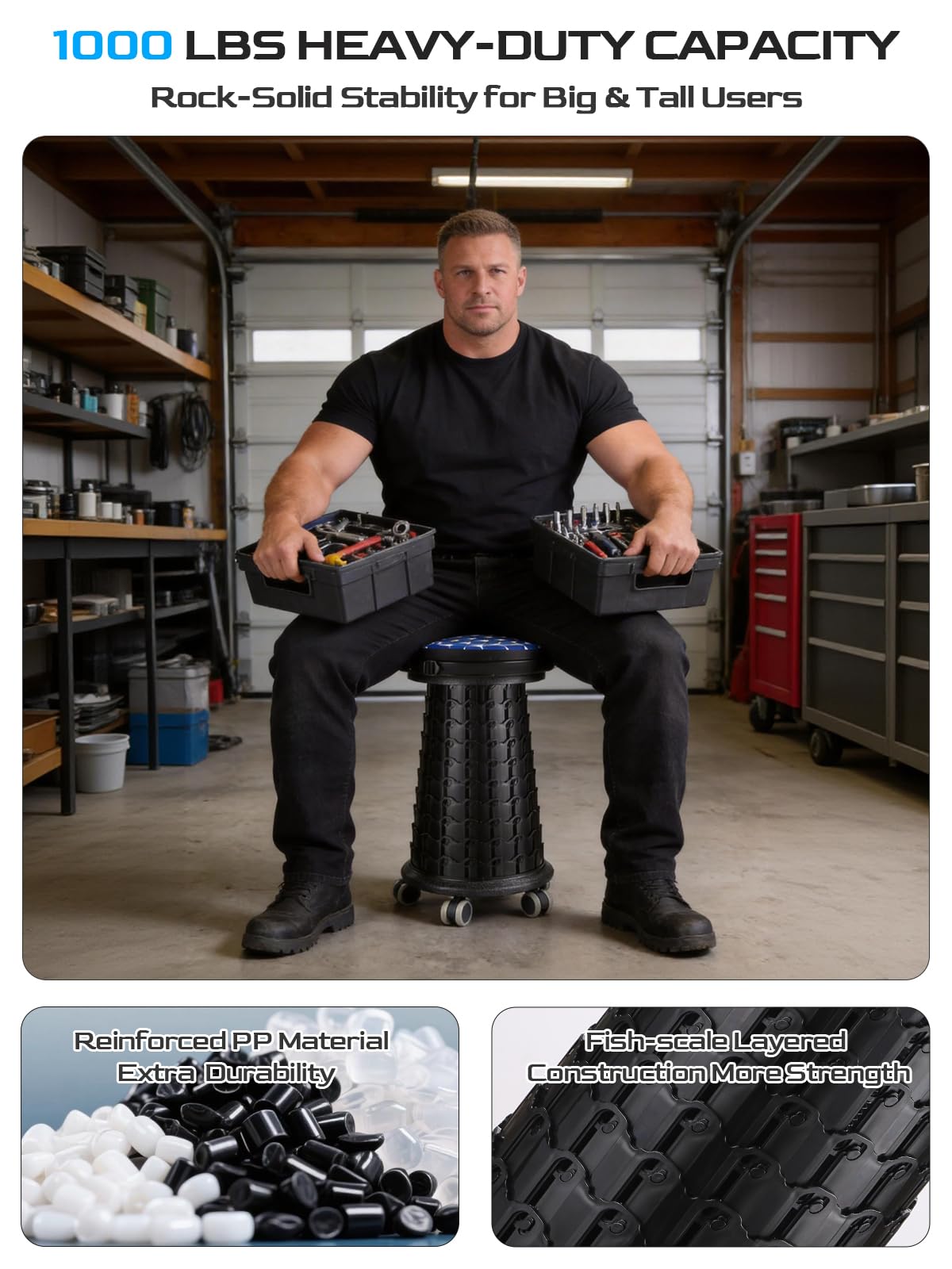 2026 Upgraded 3XL Rolling Collapsible Stool with Wheels | 1000lbs Capacity, 24-in Taller & 13-in Wider Retractable Stool for Adults, Thick Swivel Cushion & 5 Silent Casters, for Home, Garage, Kitchen
