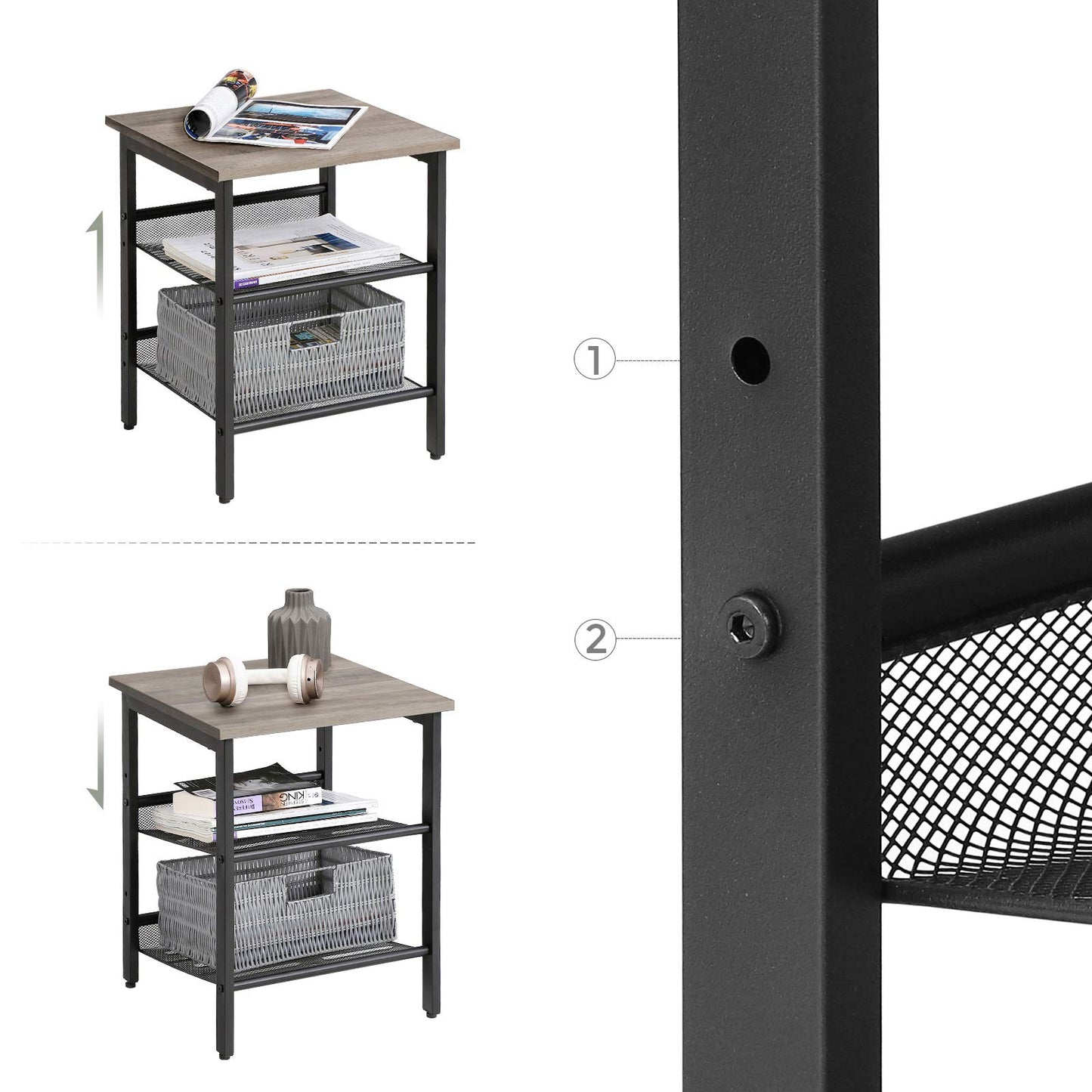 VASAGLE Nightstand, Set of 2 Side Tables, End Tables with Adjustable Mesh Shelves, for Living Room, Bedroom, Industrial, Stable Steel Frame, Easy Assembly, Greige and Black ULET024B02