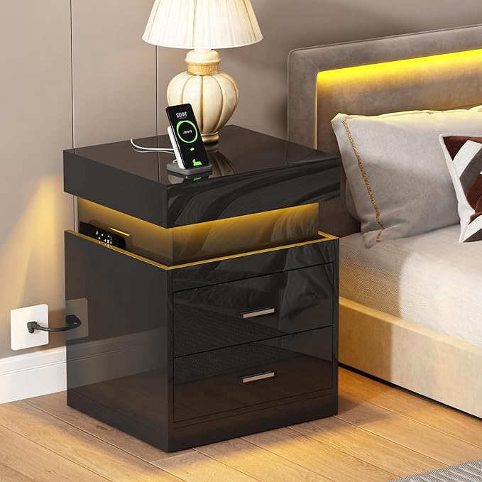ChooChoo LED Nightstand with Charging Station, Smart Night Stand with Sliding