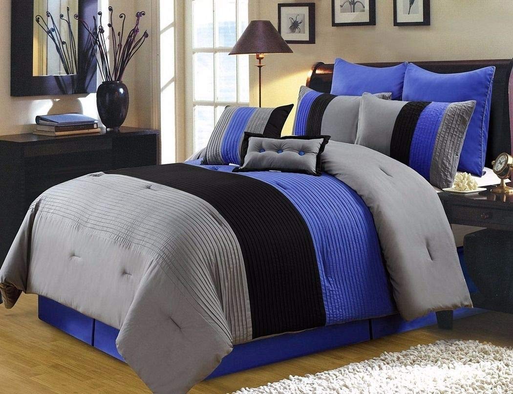 Chezmoi Collection 8 Pieces Luxury Striped Comforter Set (Full, Gray/Black/Blue)