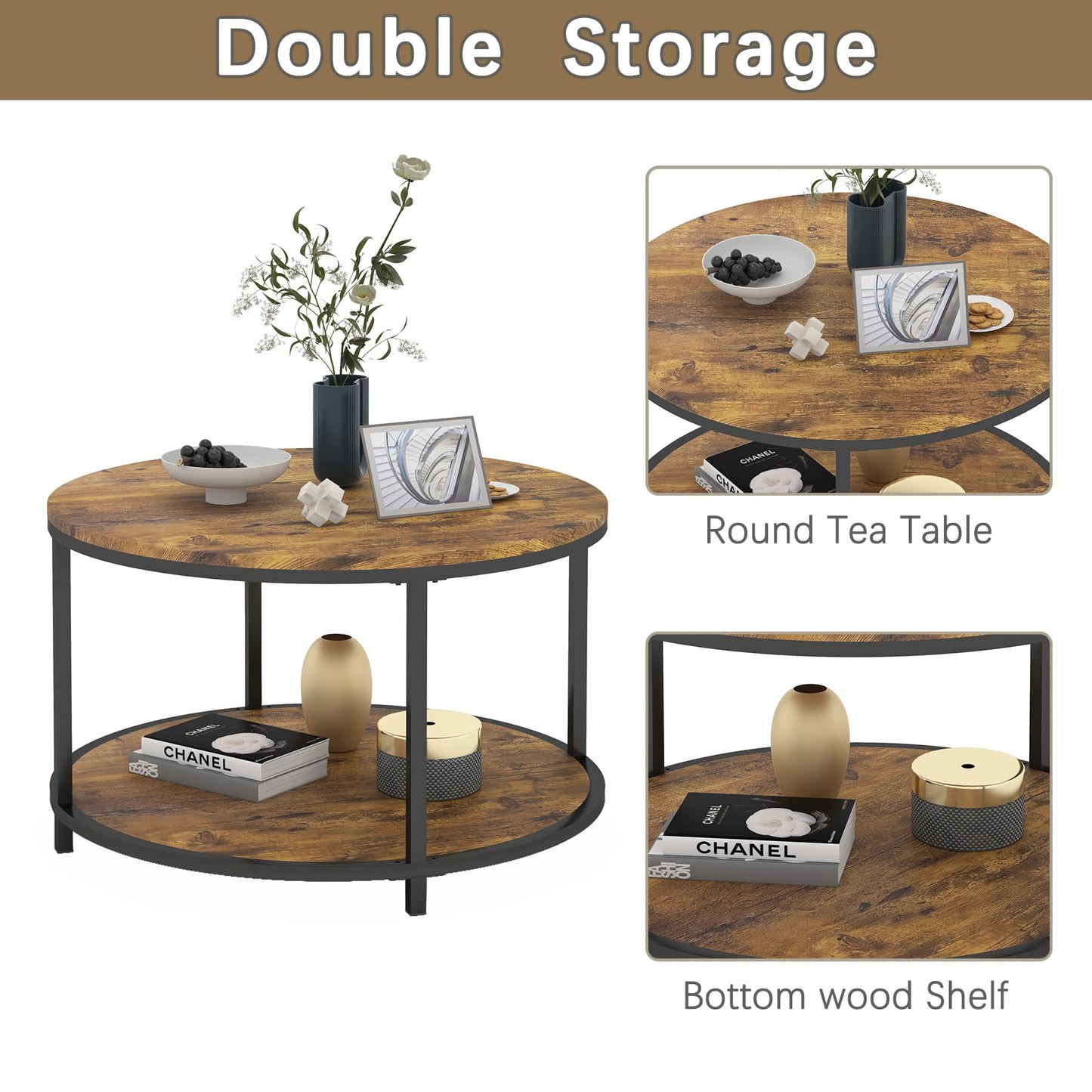 NSdirect Round Coffee Table, 25.6" Small Coffee Table for Living Room,2-Tier Rustic Wood Desktop with Storage Shelf Modern Design Home Furniture(Brown)
