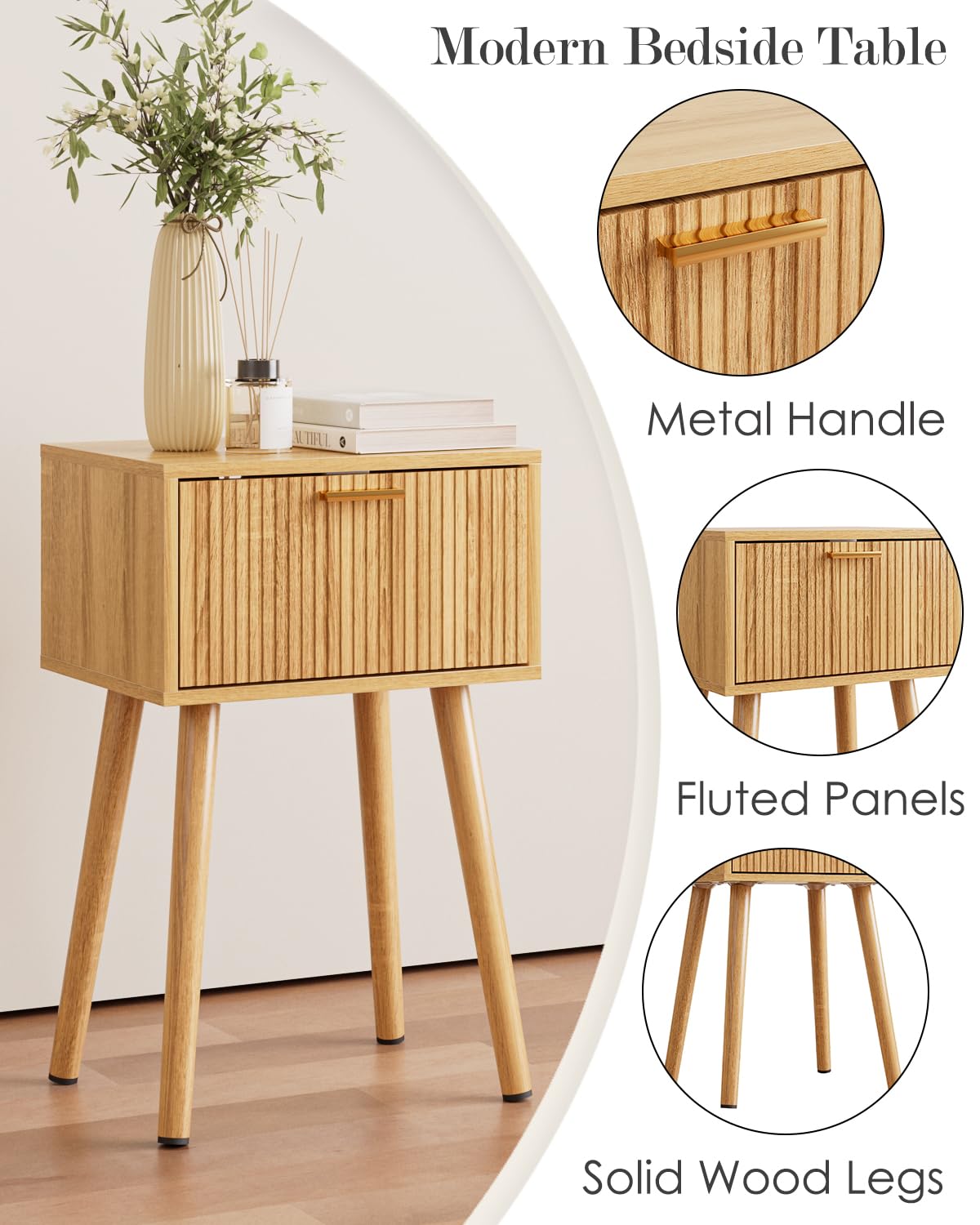 ASACESCU Night Stand, Oak Nightstand with Fluted Door, Small Modern Mid-Century Bedside Table for Bedroom, End Table for Living Room