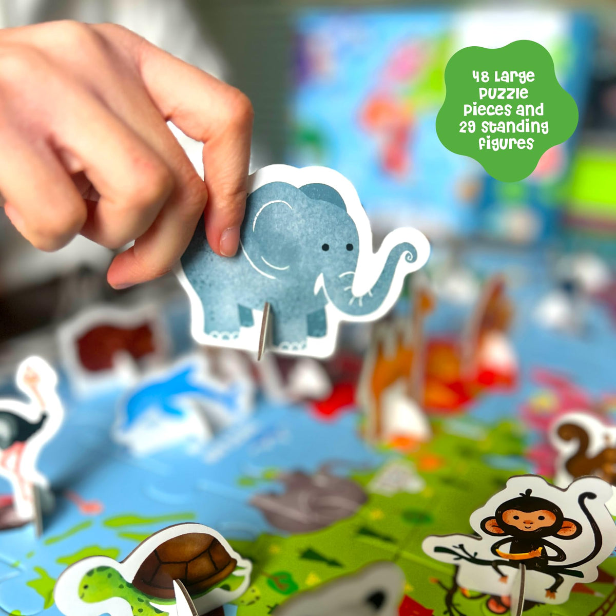 Dinomini Giant World Map Puzzle for Kids - with Interactive Standing Figures - Floor Puzzles for Kids Ages 3-5 - Preschool Learning Activities - Learning & Educational Toys