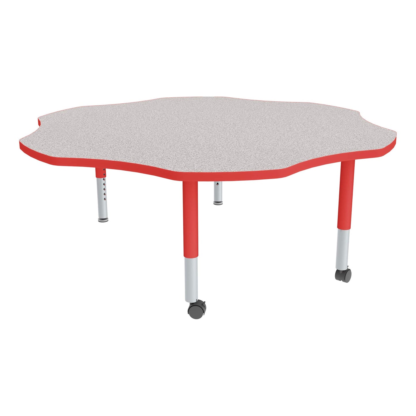 Sprogs Adjustable Height Mobile Classroom Activity Table for Preschools, Flower Preschool Activity Table with Casters, 60" L x 60" W x 23" H, Gray/Red