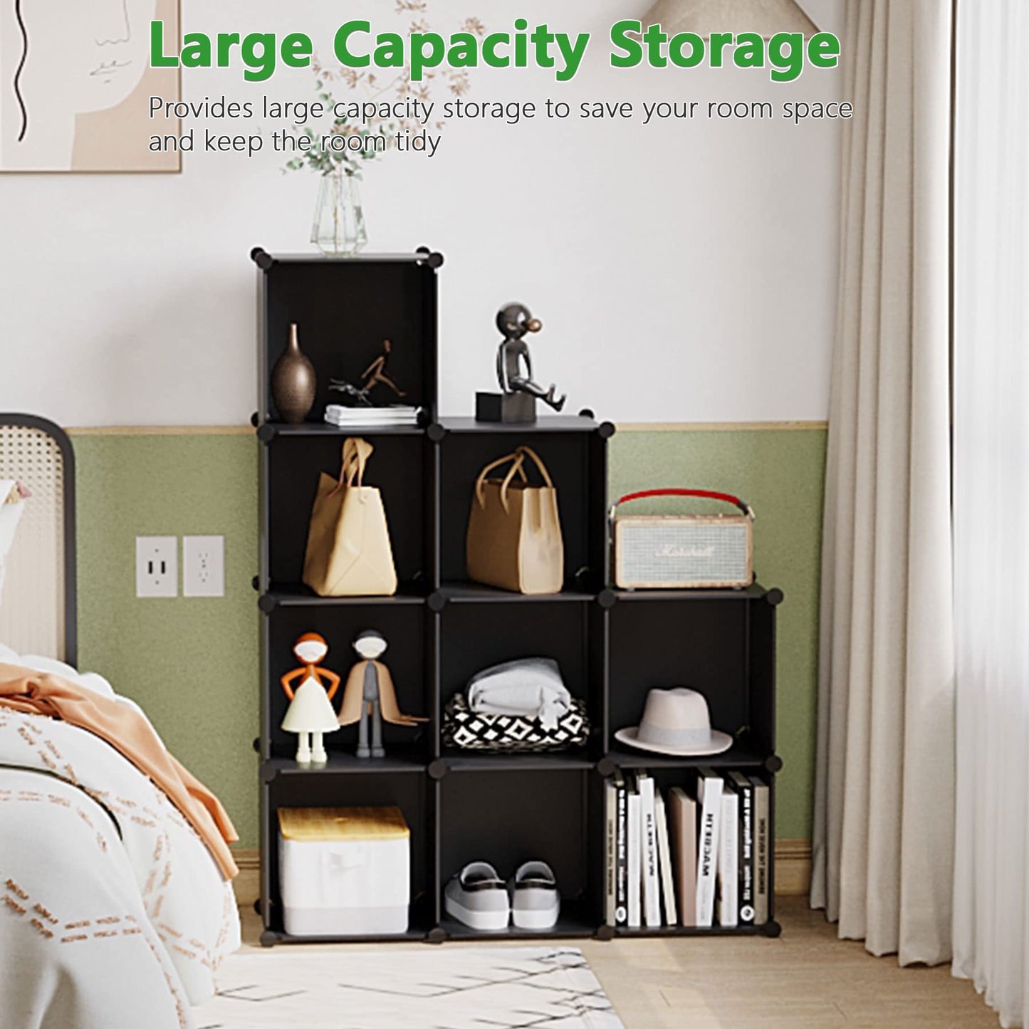 C&AHOME Cube Storage, 9-Cube Bookshelf, Plastic Closet Cabinet Organizer, DIY Stackable Bookcase, Modular Shelving Units Ideal for Home, Office, Kids Room, 36.6" L x 12.4" W x 48.4" H Black SHS3009A