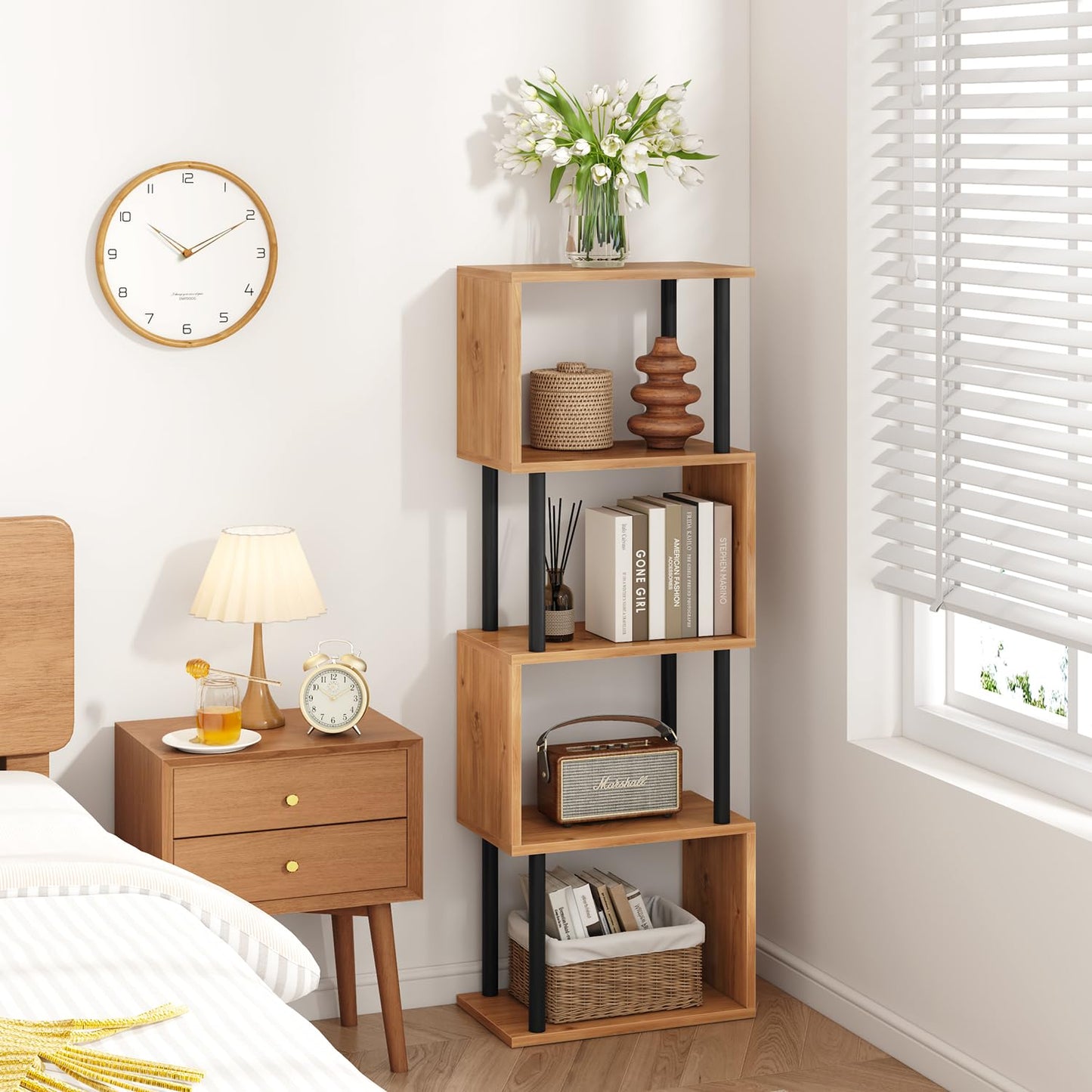 IBUYKE 5-Tier Tall Bookshelf,S-Shaped Geometric Bookcase, Wood Display Shelves with Storage,Modern Bookshelf for Living Room Bedroom, Home Office,Oak WBC015K