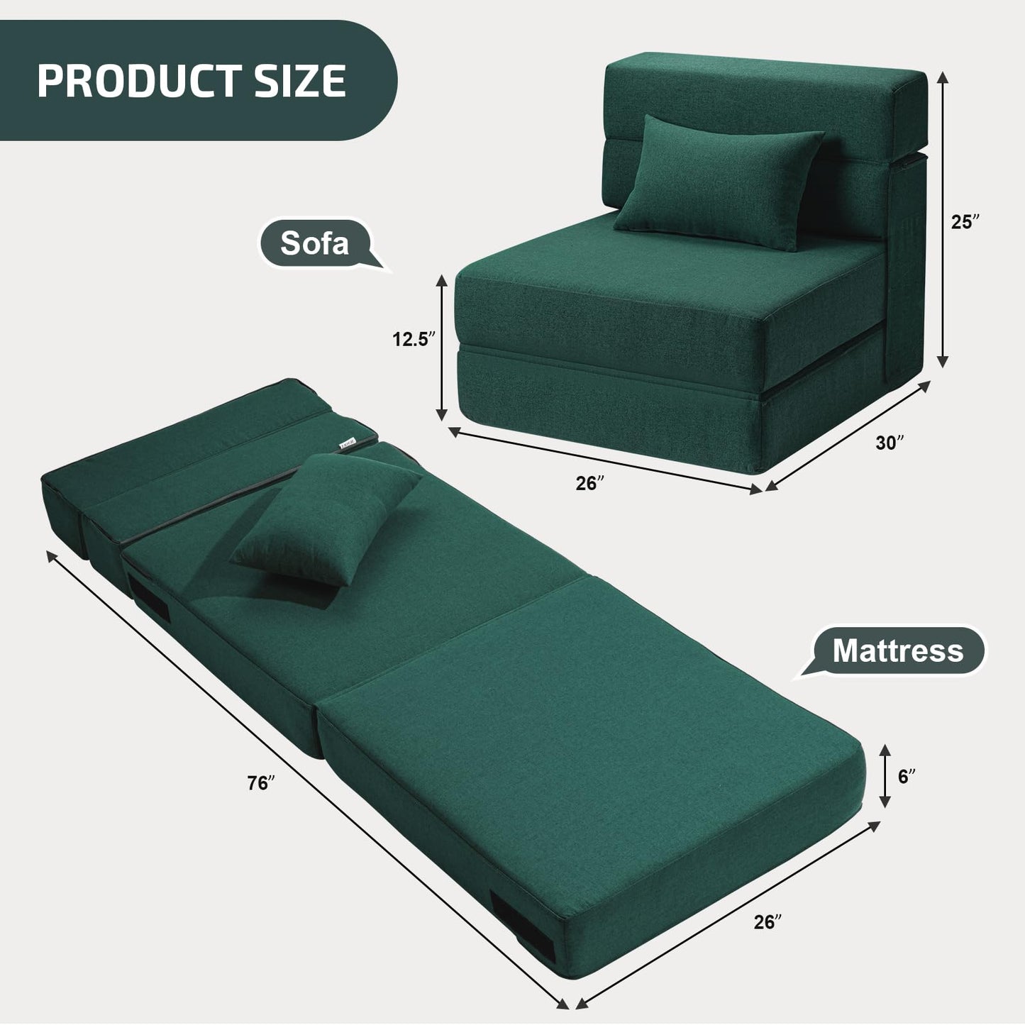 SUYOLS Folding Sofa Bed with Pillow- Convertible Chair Floor Couch & Sleeping Mattress, Foldable Memory Foam Sleeper for Living Room/Dorm/Guest Room/Home Office/Apartment/Loft, Single26, Dark Green